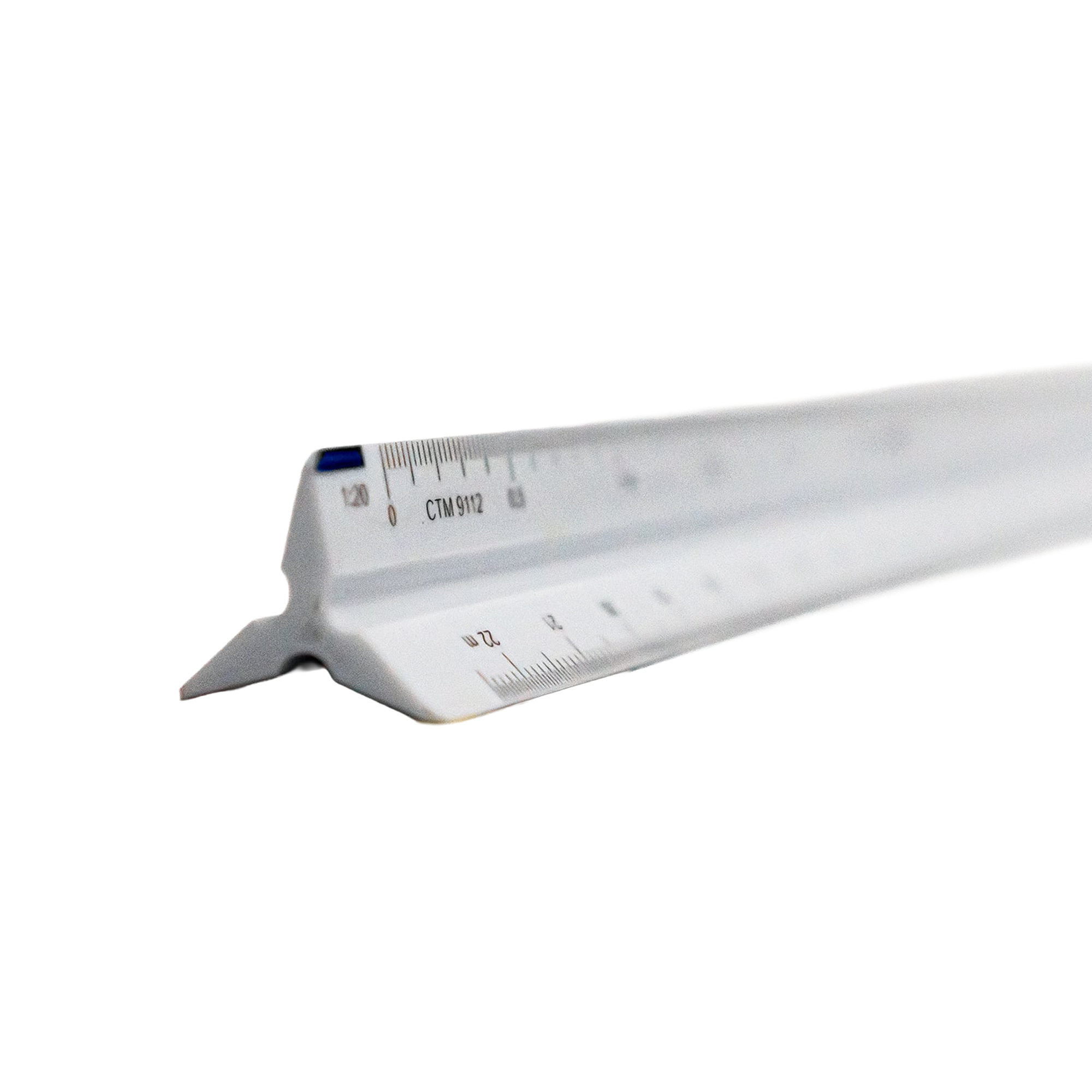 A white plastic triangular ruler with black measurement markings.