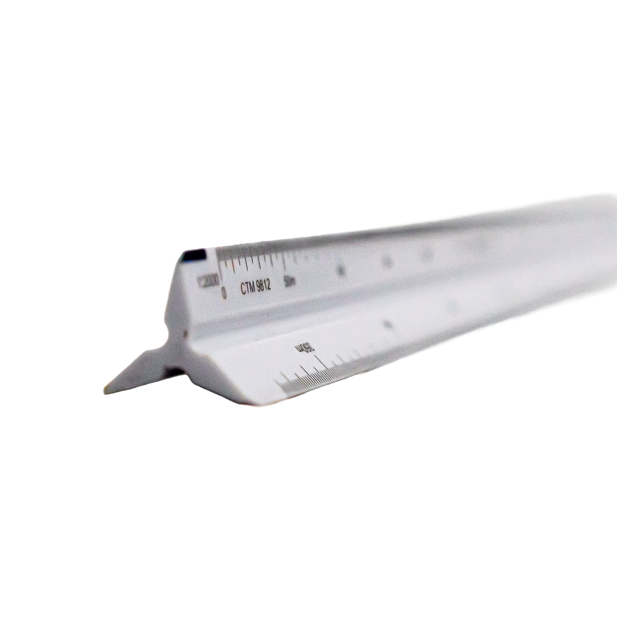A white plastic triangular ruler with black printed measurement markings.