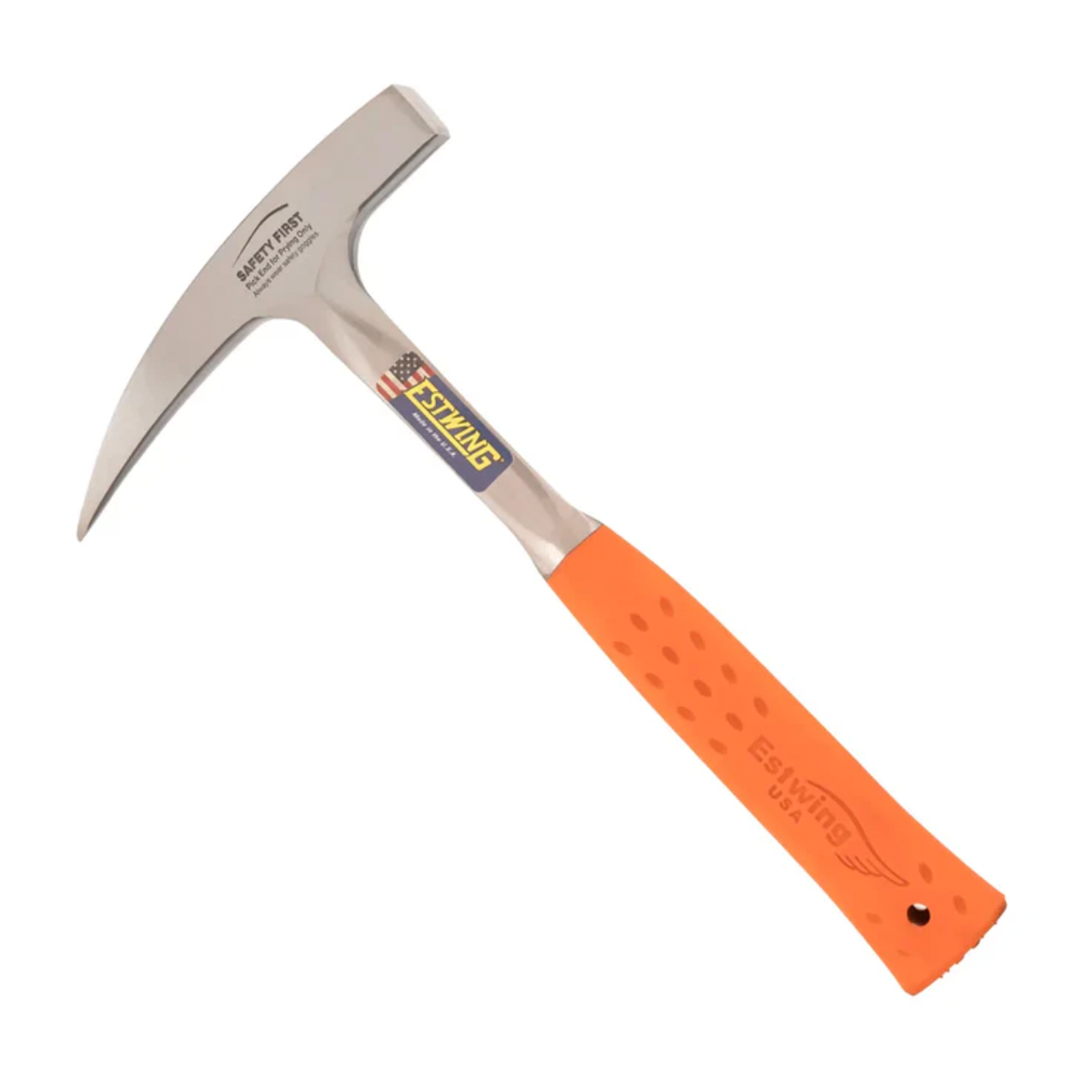 Rock pick with orange handle on a white background