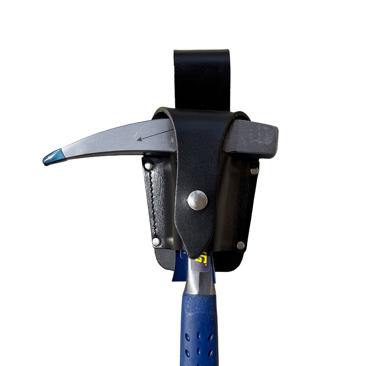 A black leather holster holding a pick with a blue handle