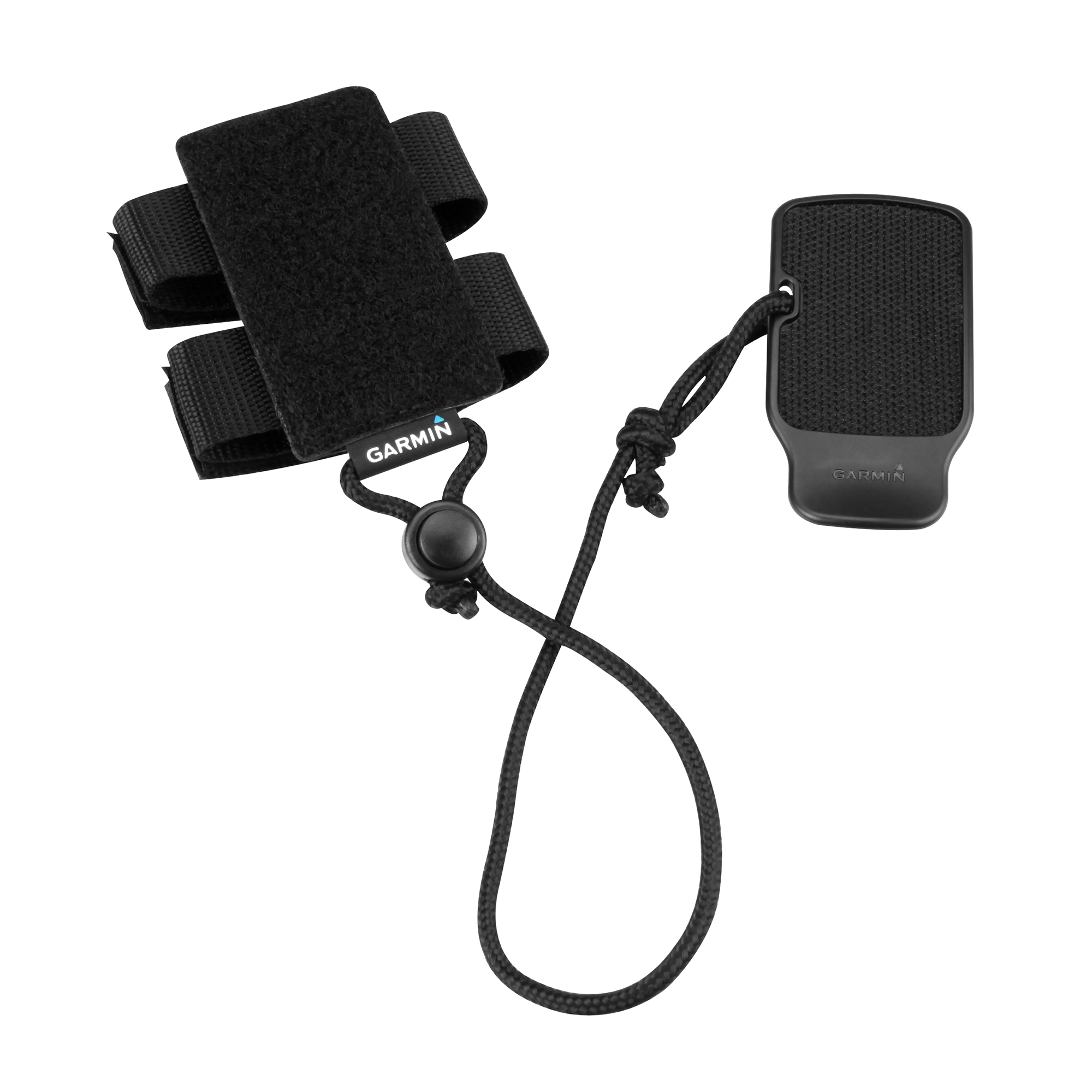 Black Garmin device with straps and lanyard on a white background
