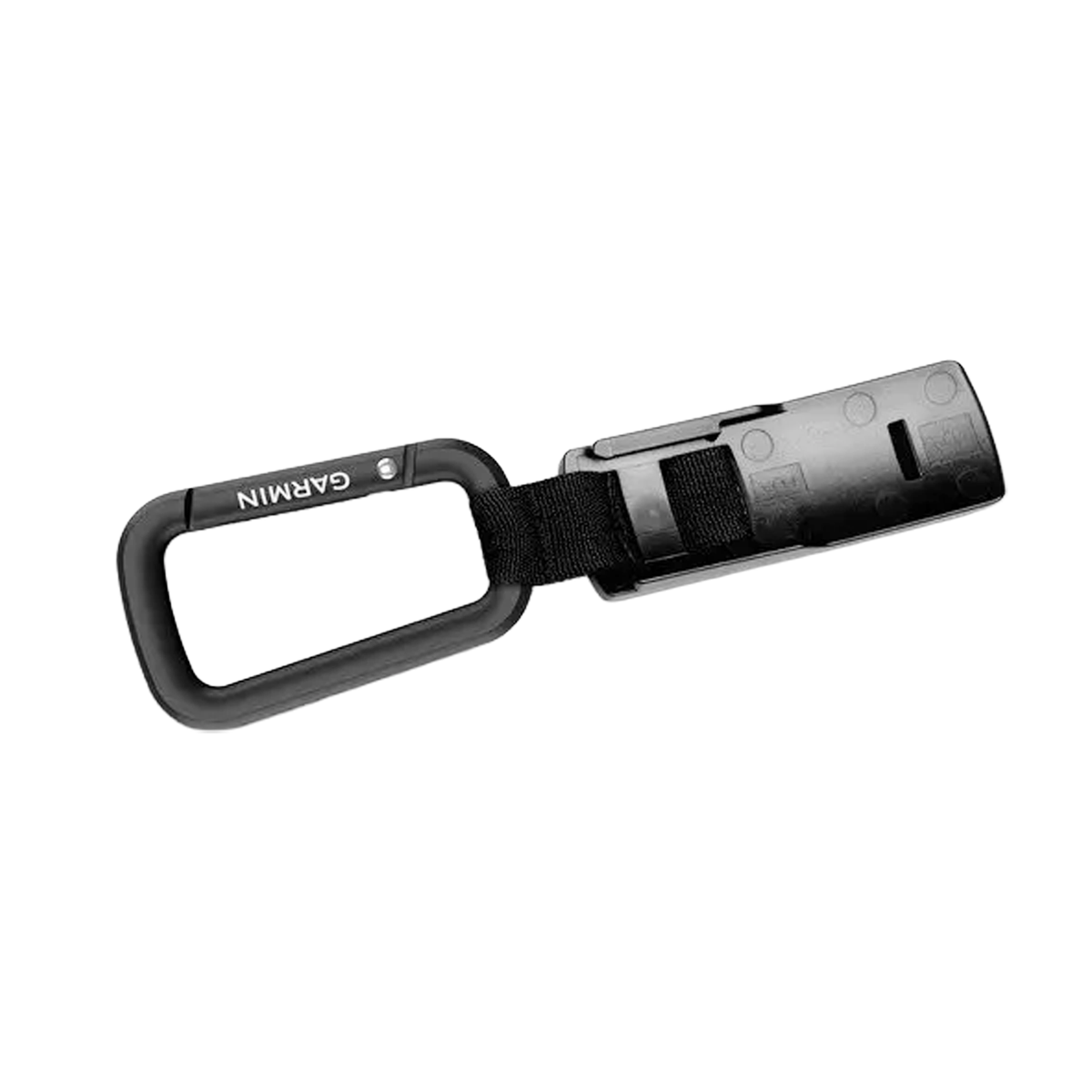 A black Garmin carabiner clip with a black strap and a black attachment piece