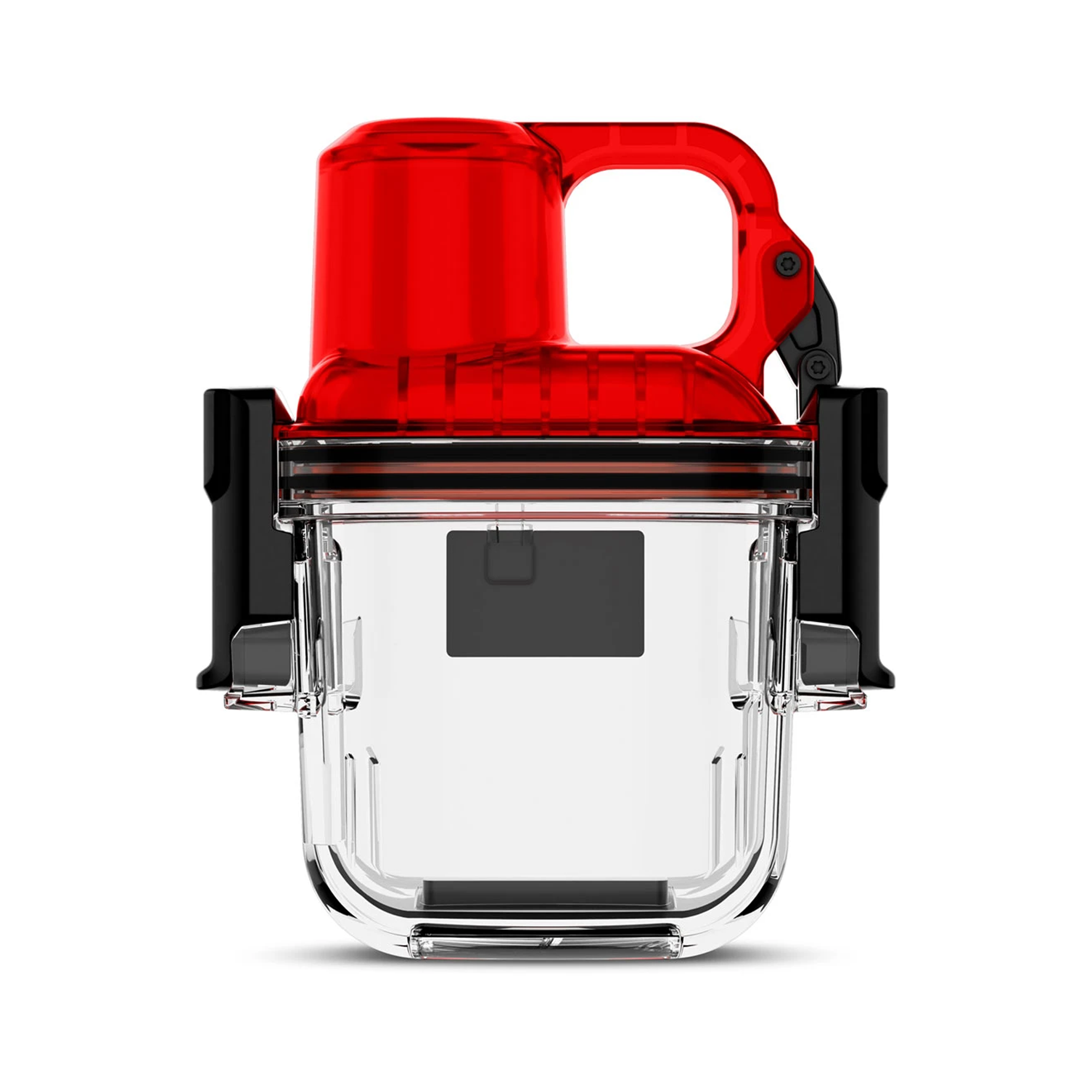 A waterproof housing with a translucent red top handle and a clear lower body