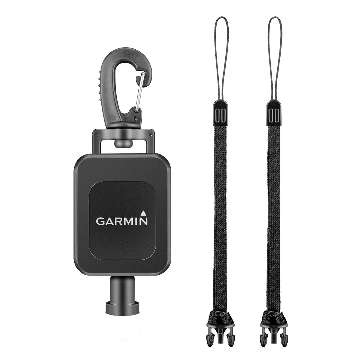A black Garmin carabiner with two black straps