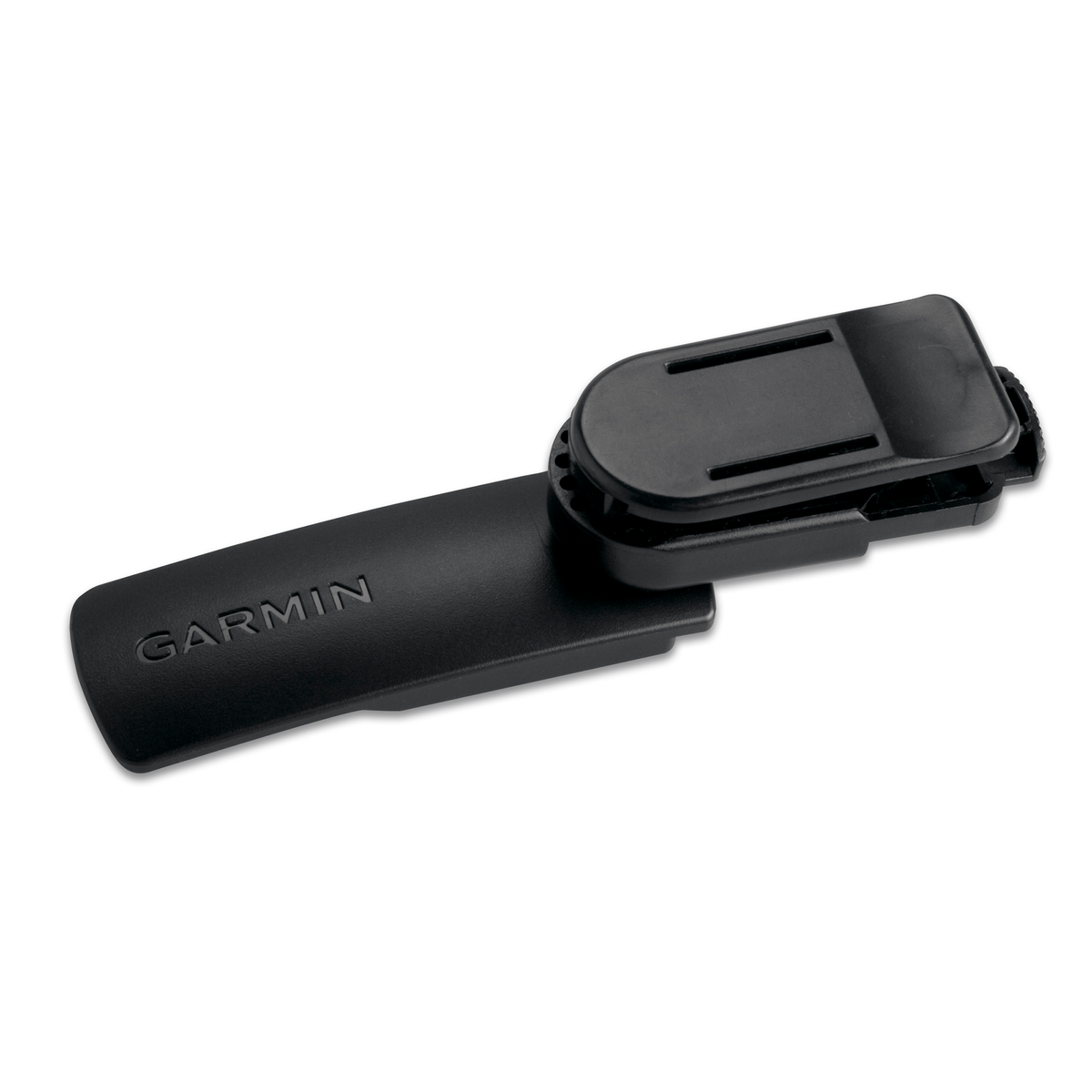 Black Garmin swivel belt clip on a white background