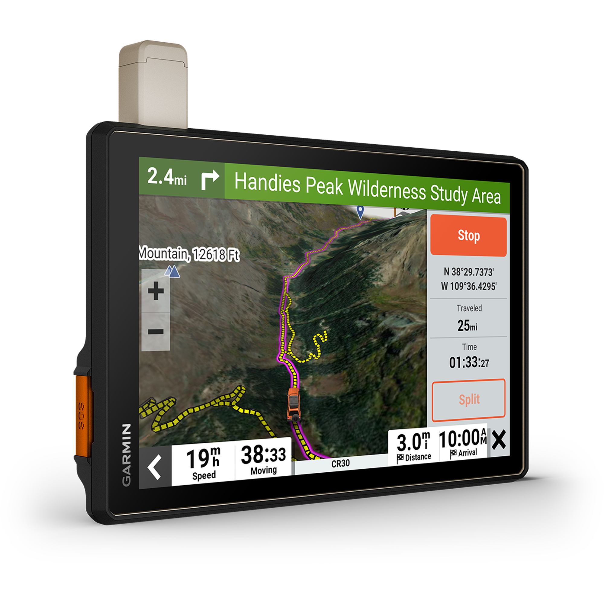 A Garmin GPS navigation device. The screen displays a mountain trail map with route markers