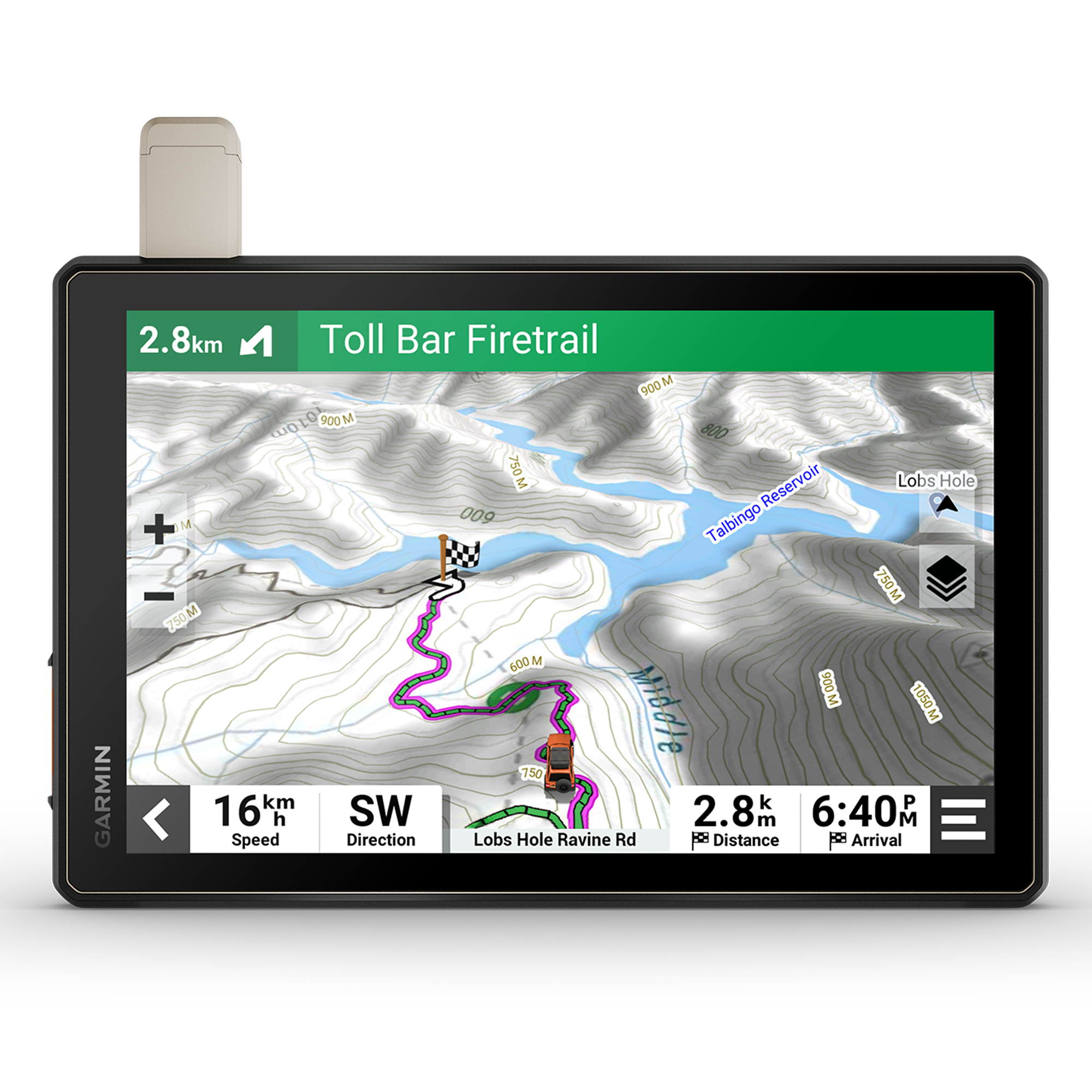 A Garmin GPS navigation device displaying a topographic map screen