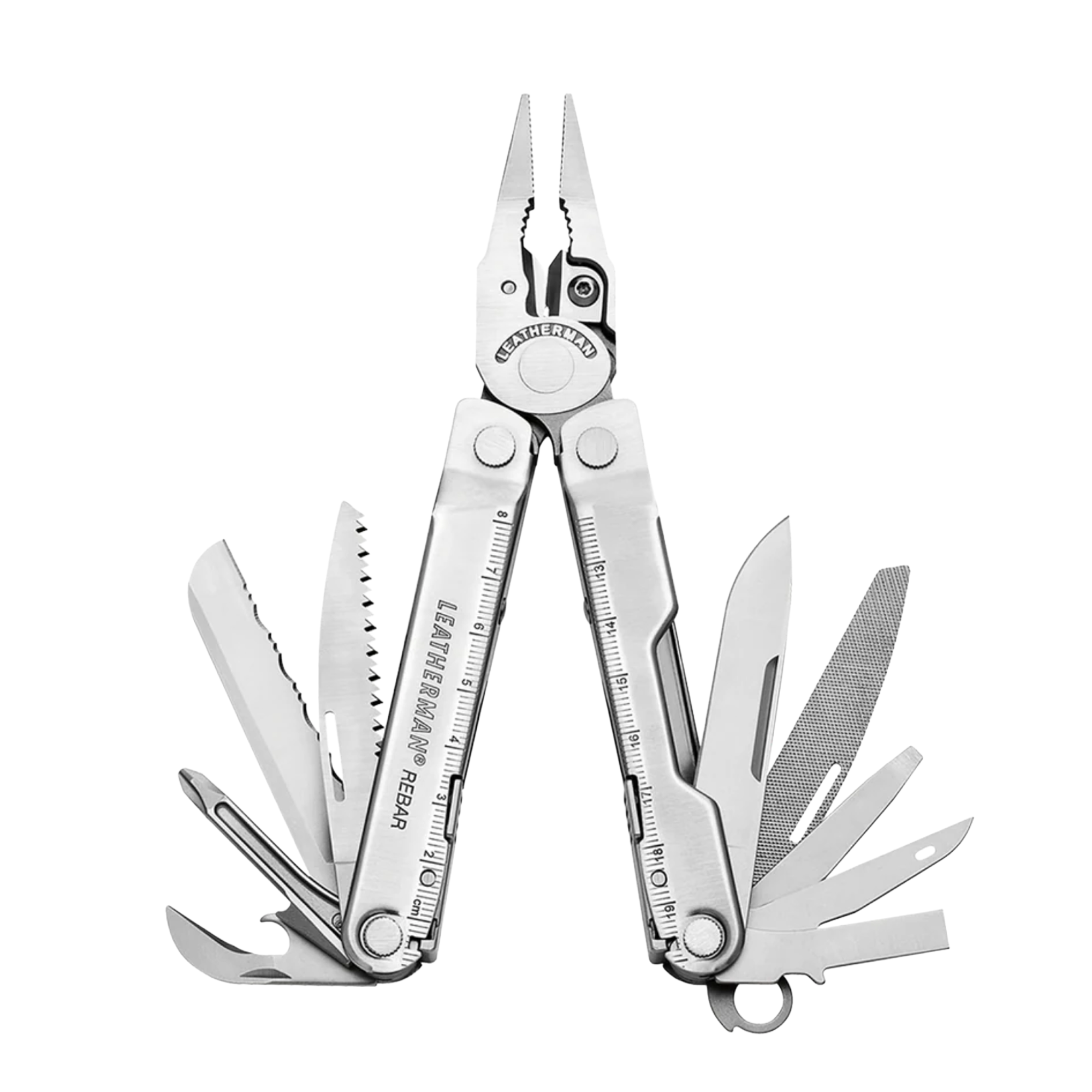 Multitool with various tools extended on a white background