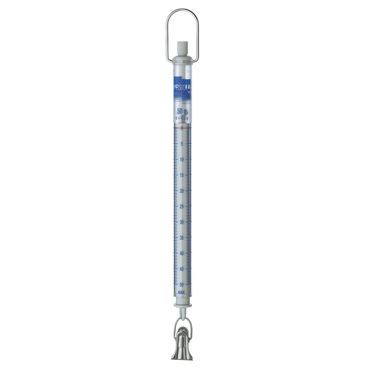 A vertical spring scale with a silver metal hanging loop and clamp