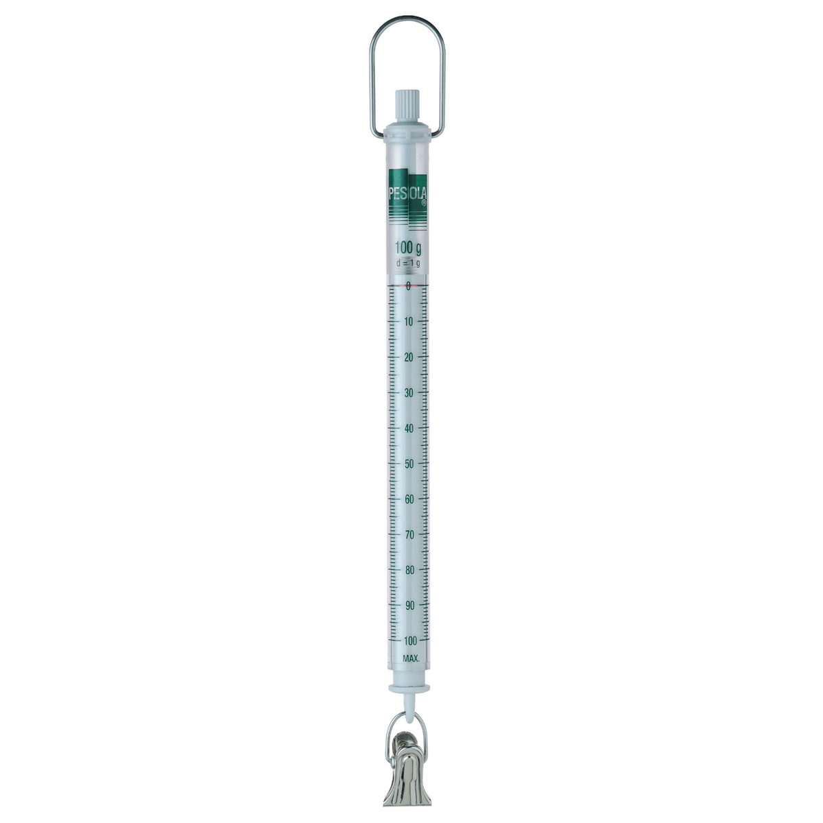 A vertical spring scale with a silver metal hanging loop and clamp