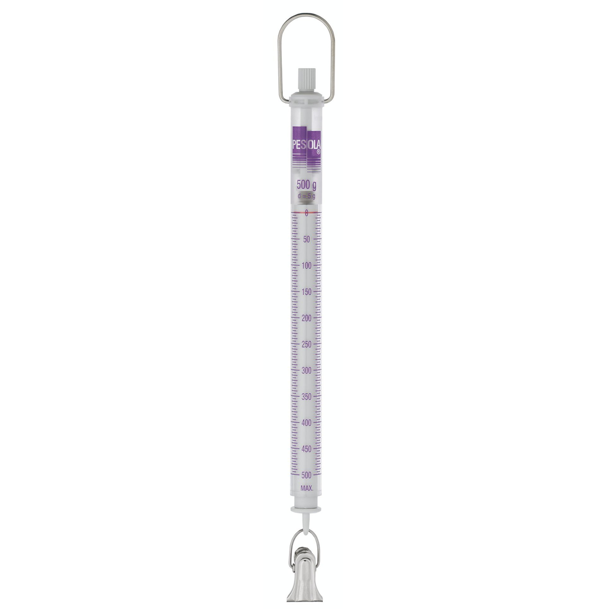 A vertical spring scale with a silver metal hanging loop and clamp