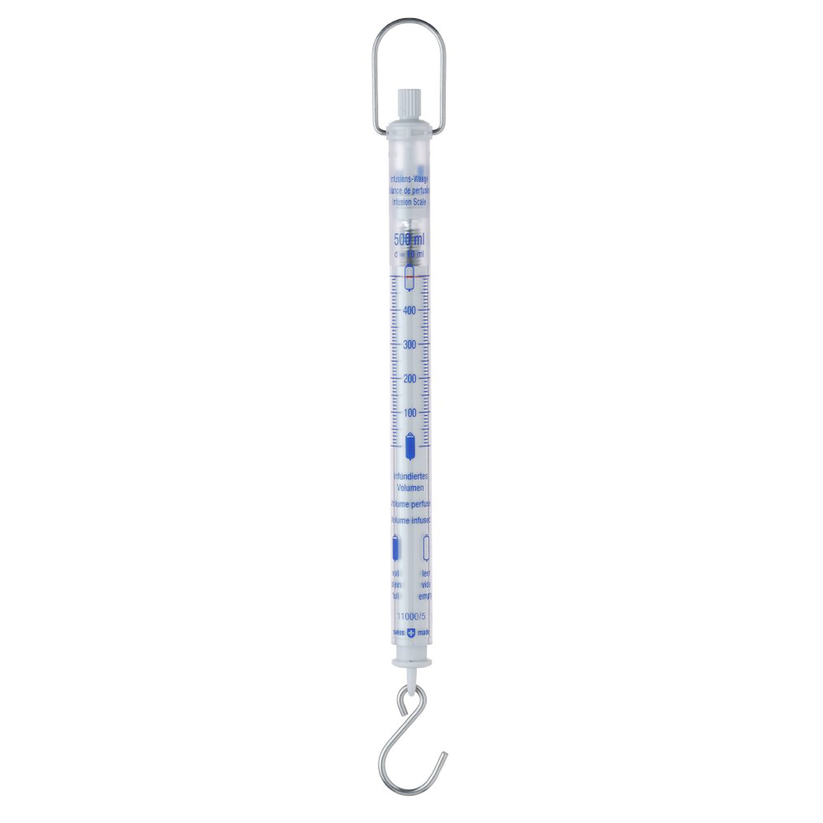 A hanging spring scale with a clear plastic body and blue measurement markings