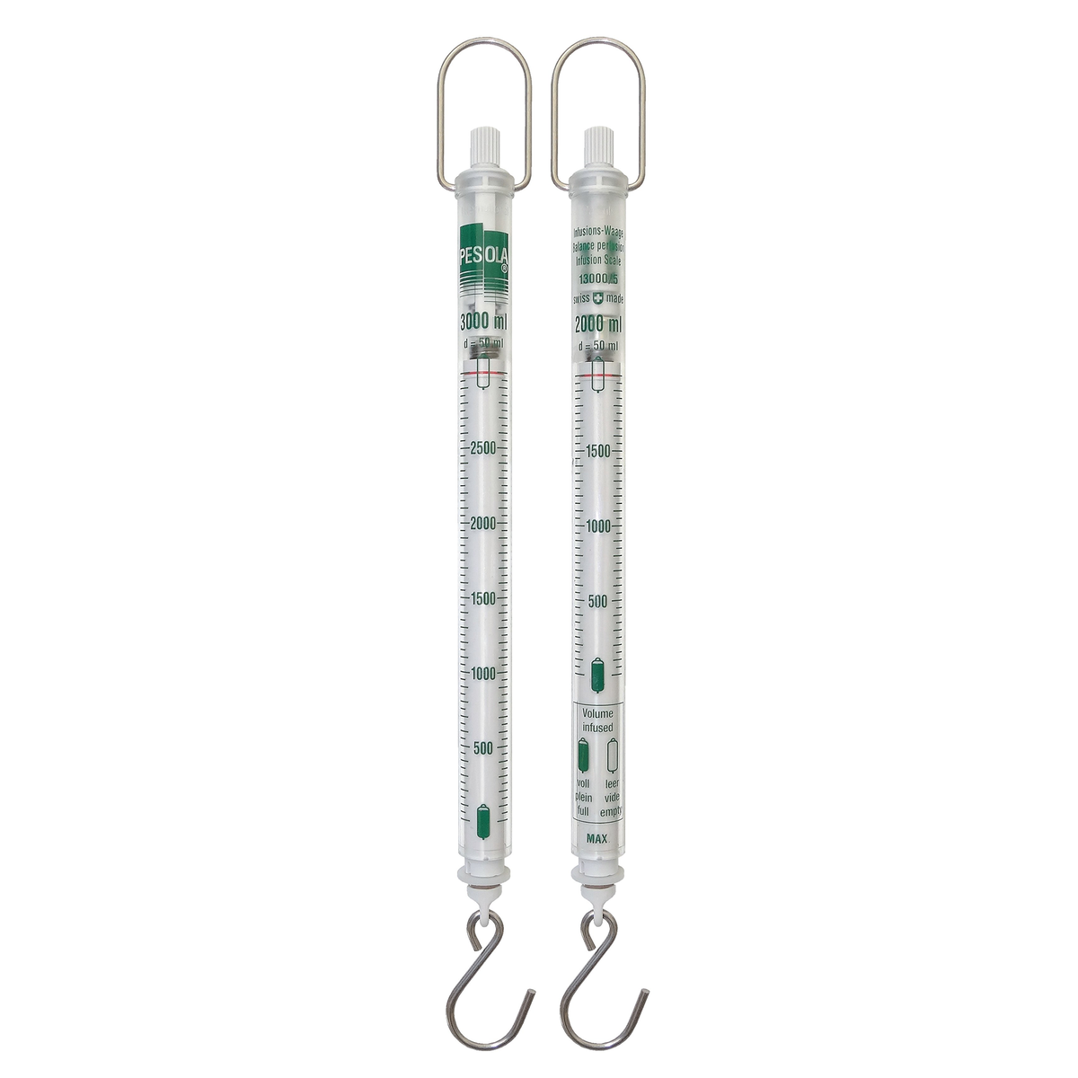 Two vertical spring scales with green printed markings and a silver metal hanging hook