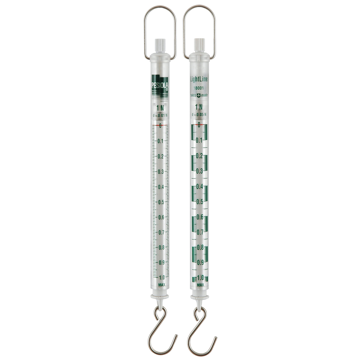 A vertical spring scale with a silver metal hanging loop and hook