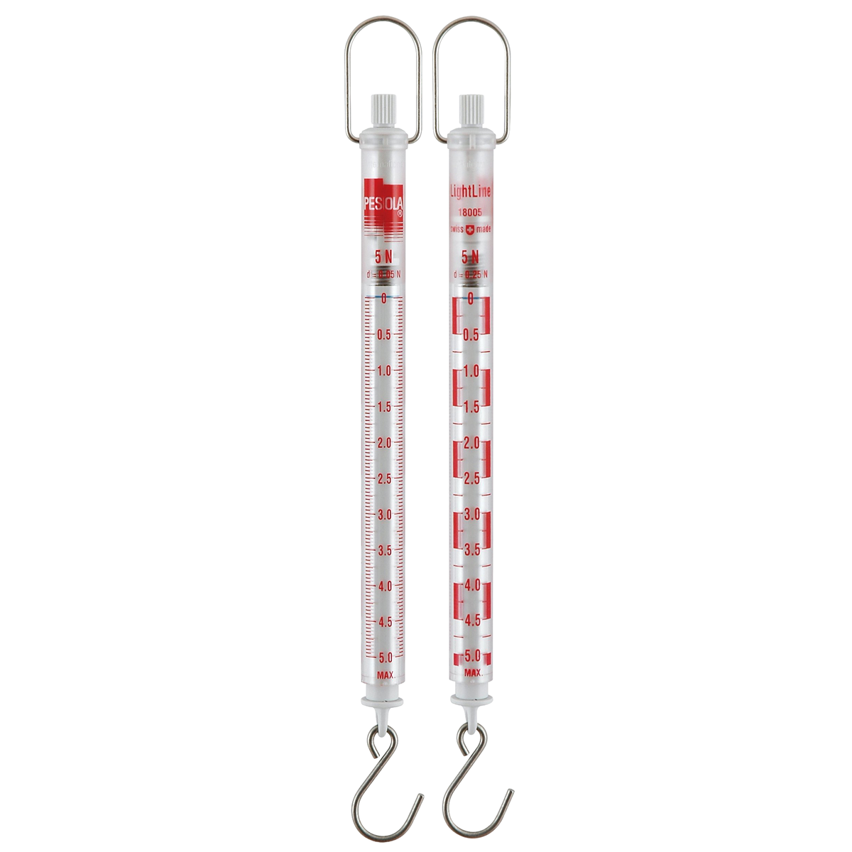 A vertical spring scale with a silver metal hanging loop and hook