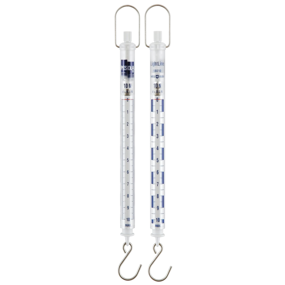 A vertical spring scale with a silver metal hanging loop and hook