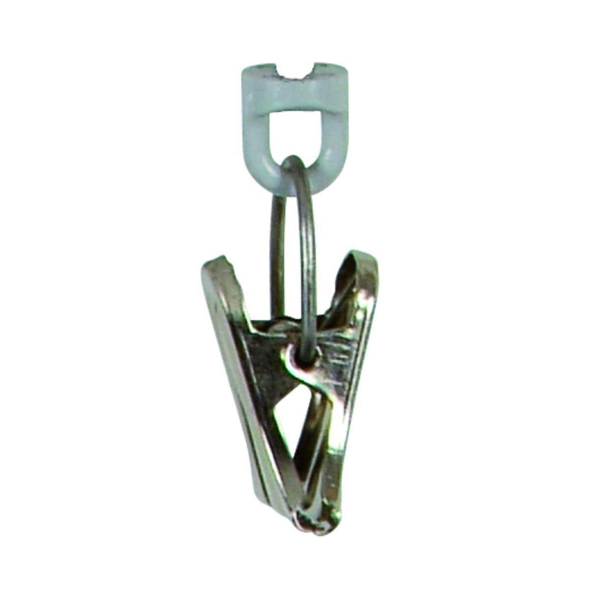 A small metal clip on a white background.