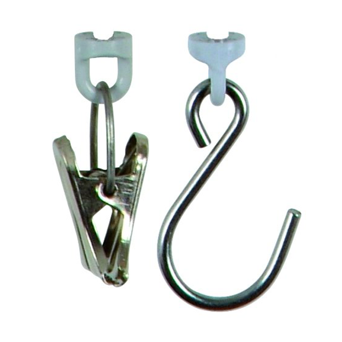 A metal S-hook and metal clip on a white background.