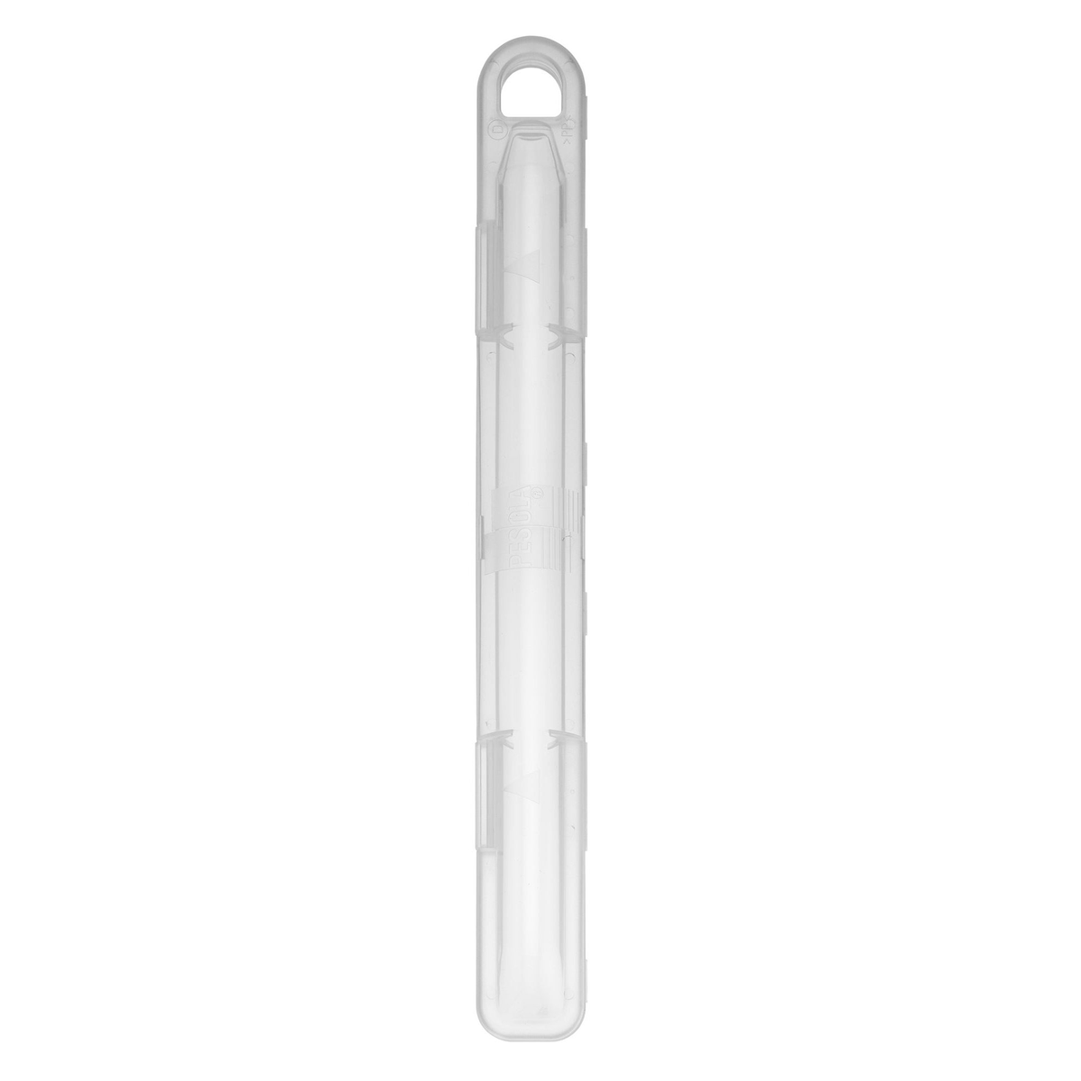 A clear plastic protective case with a hanging loop at the top, shown vertically.