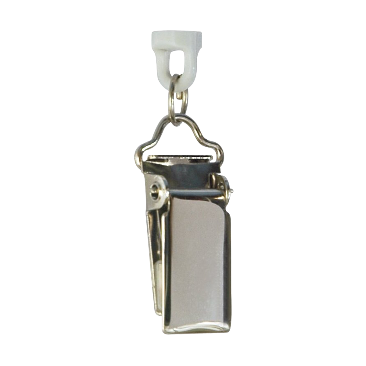 A silver metal clip with a white plastic top attachment