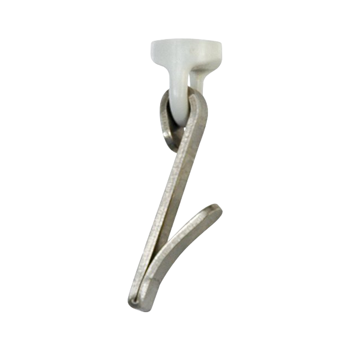 A silver metal clamp on a plain white background.