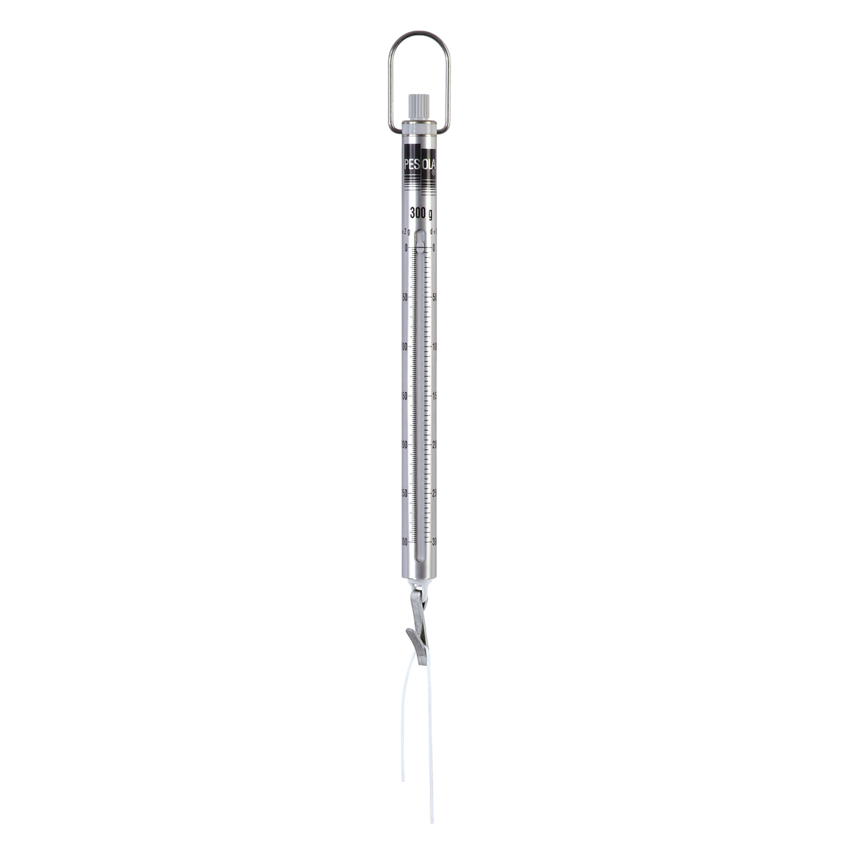 A spring scale with a hook at the bottom on a white background.