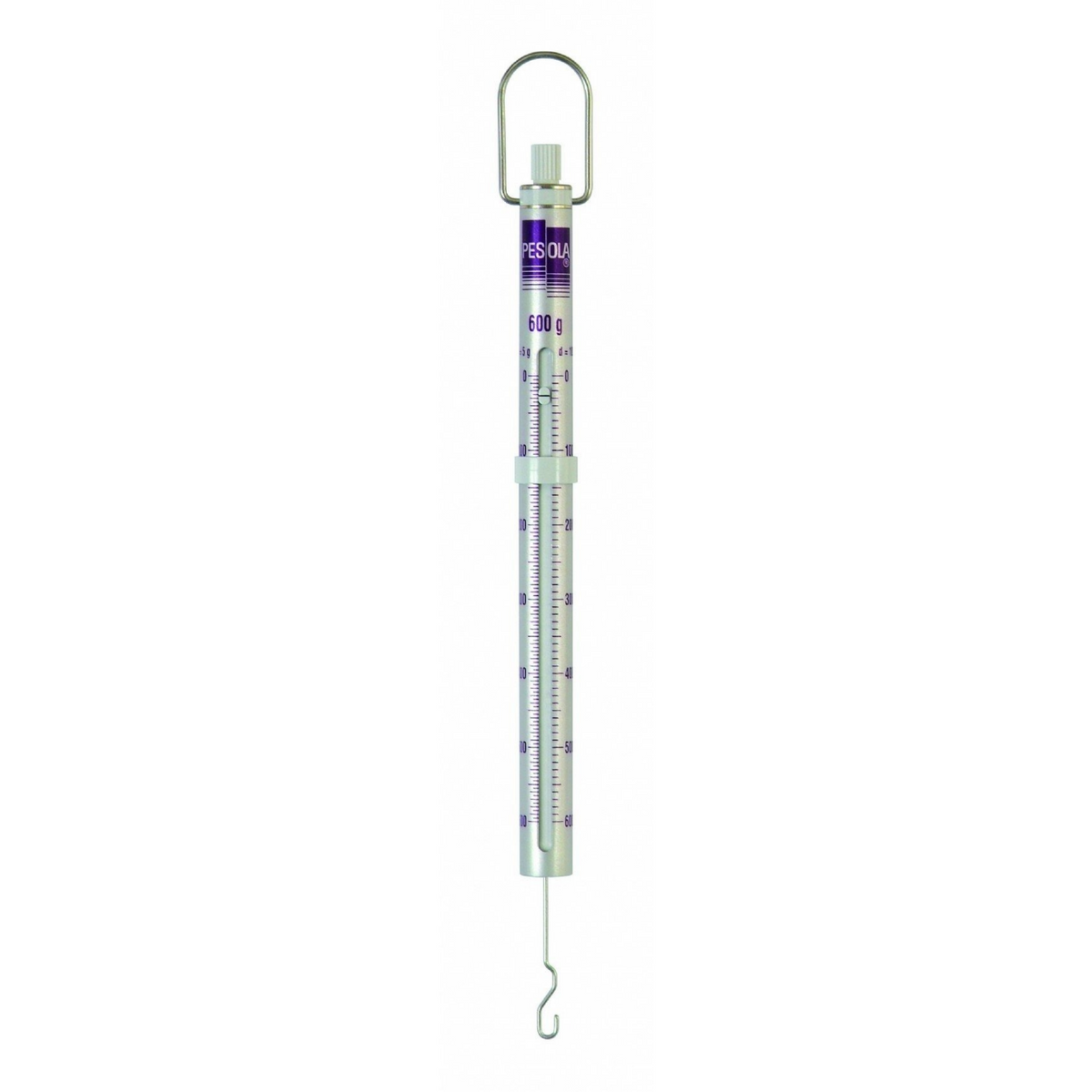 A spring scale with a silver metal body and hook, featuring purple measurement markings