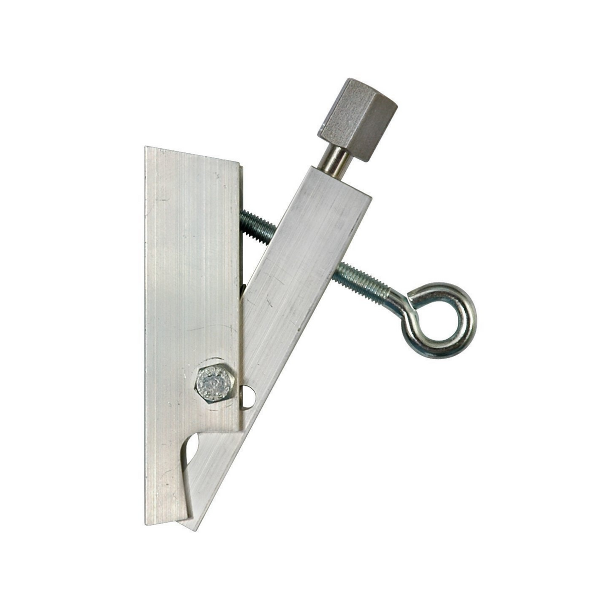 A silver metal adjustable clamp with a flat rectangular plate, a threaded bolt and hex nut