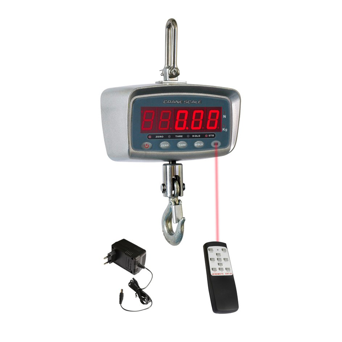 Digital hanging scale with a red LED display, shown with a power adapter and a remote control