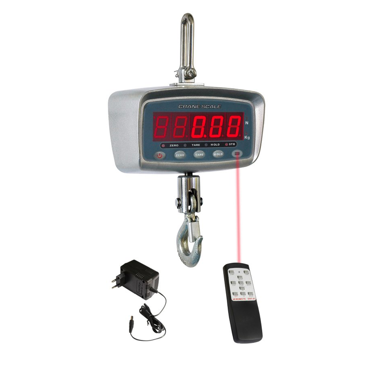 Digital crane scale with a hanging hook, red LED display, power adapter, and remote control