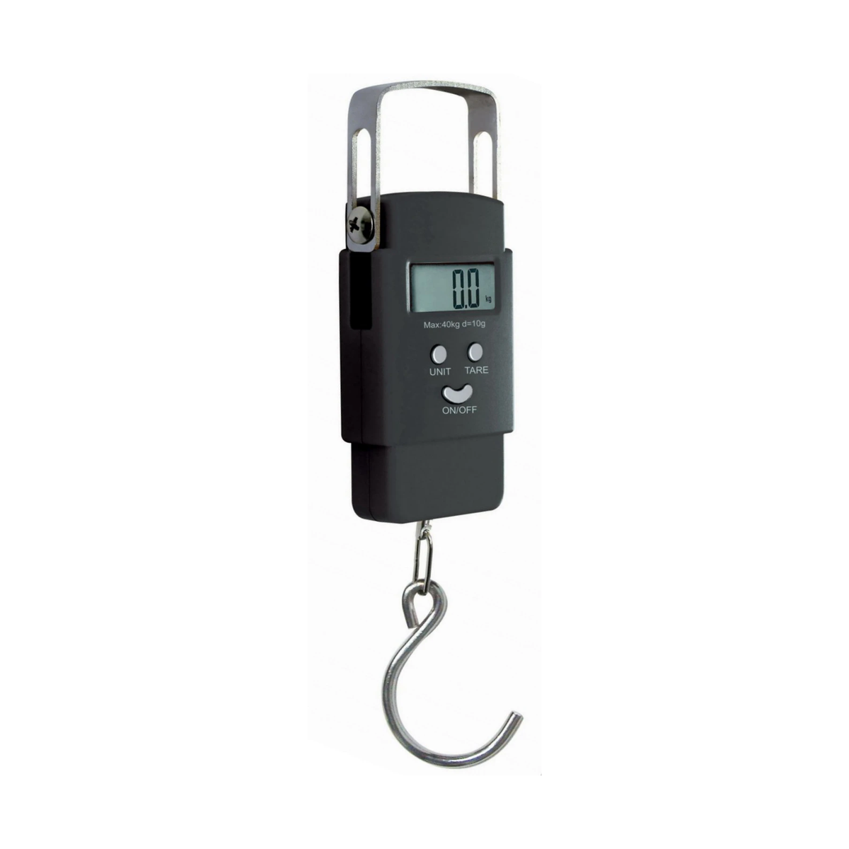 A black plastic digital hanging scale with a silver hook, handle and LCD display