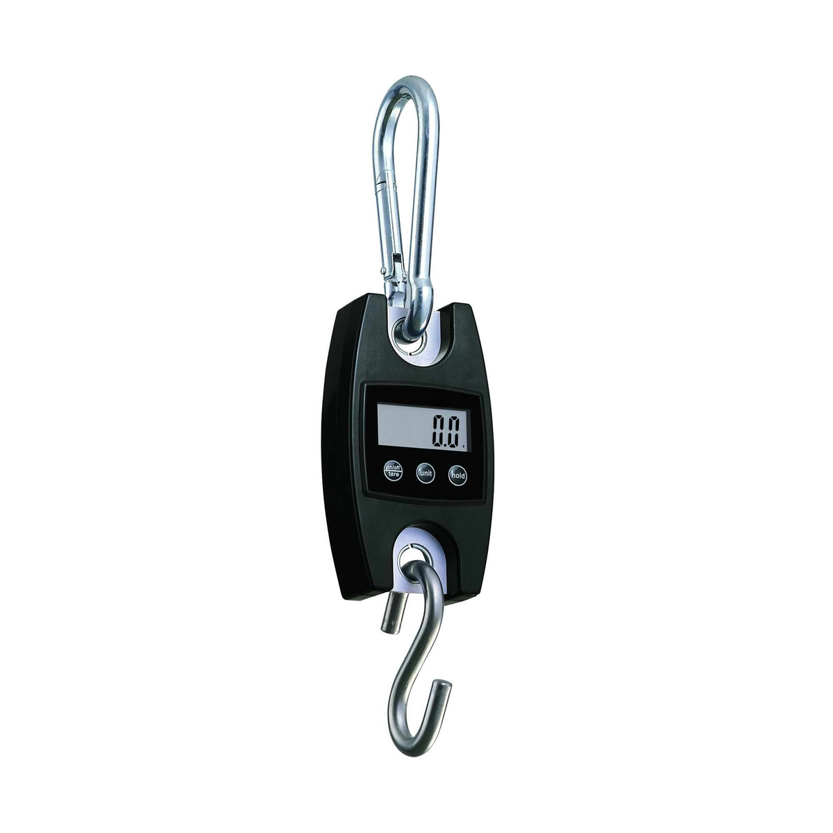 Digital hanging scale with a black body, silver metal hook and a small LCD display