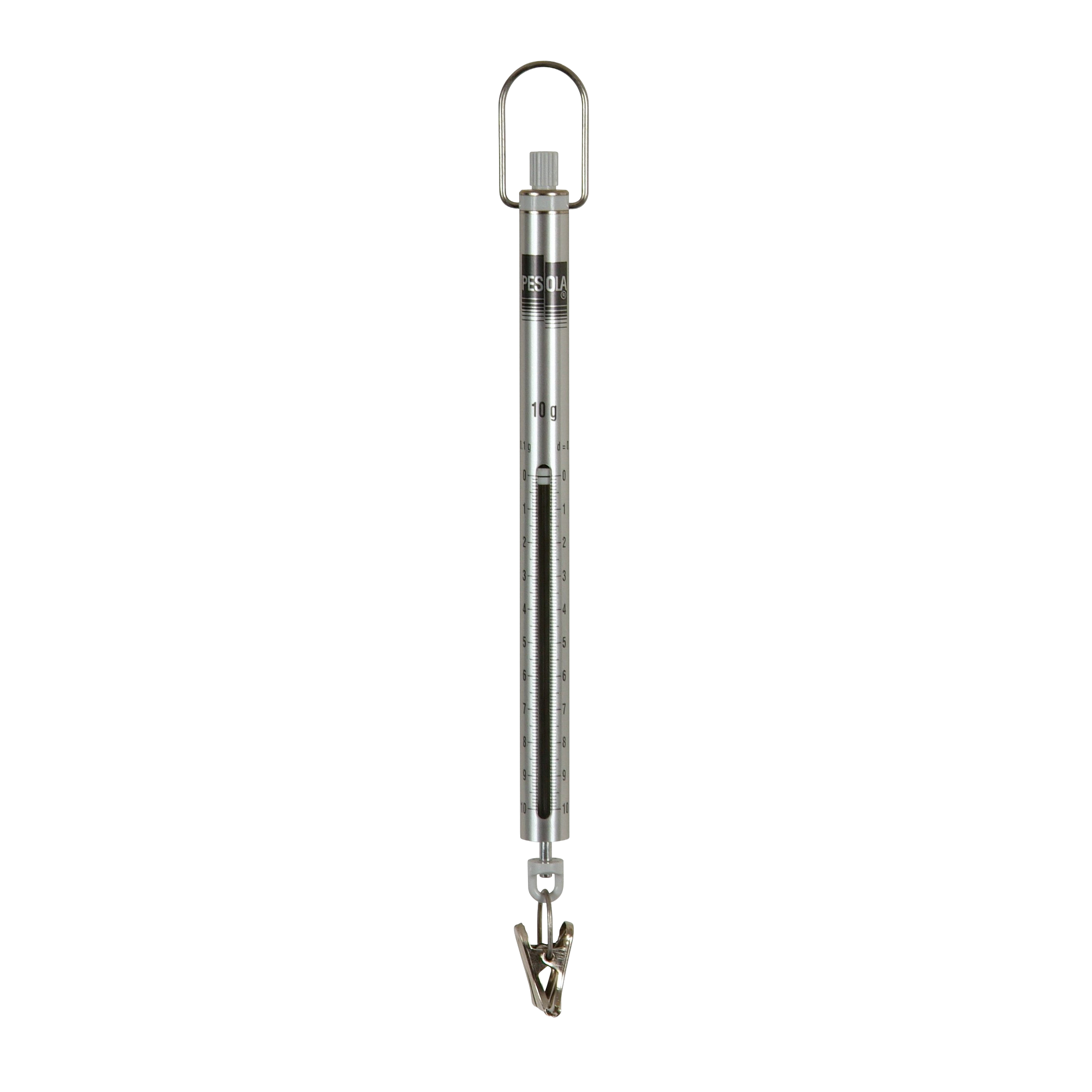 A stainless steel spring scale with a metal clamp at the bottom
