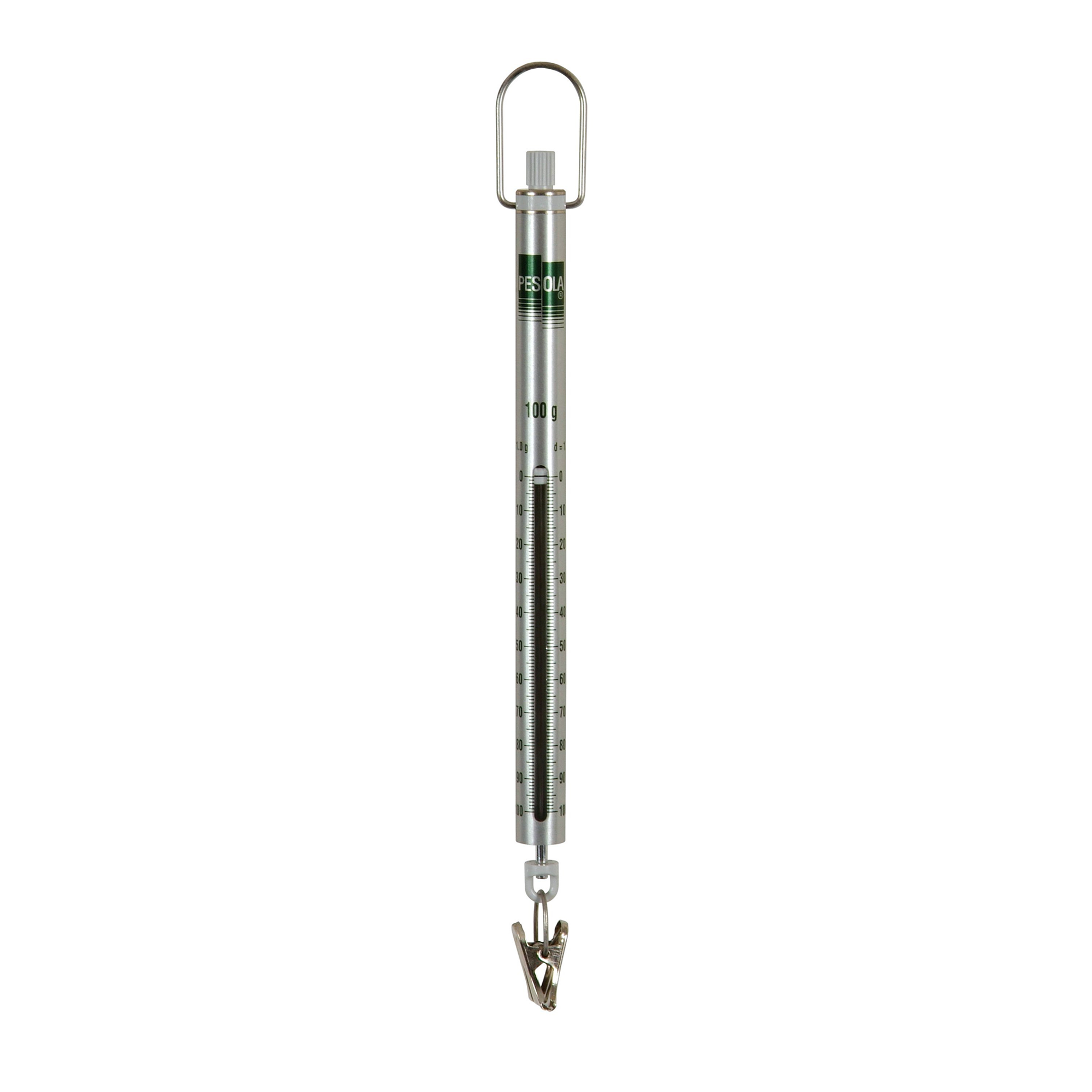 A metal spring scale with a metal hook at the bottom.