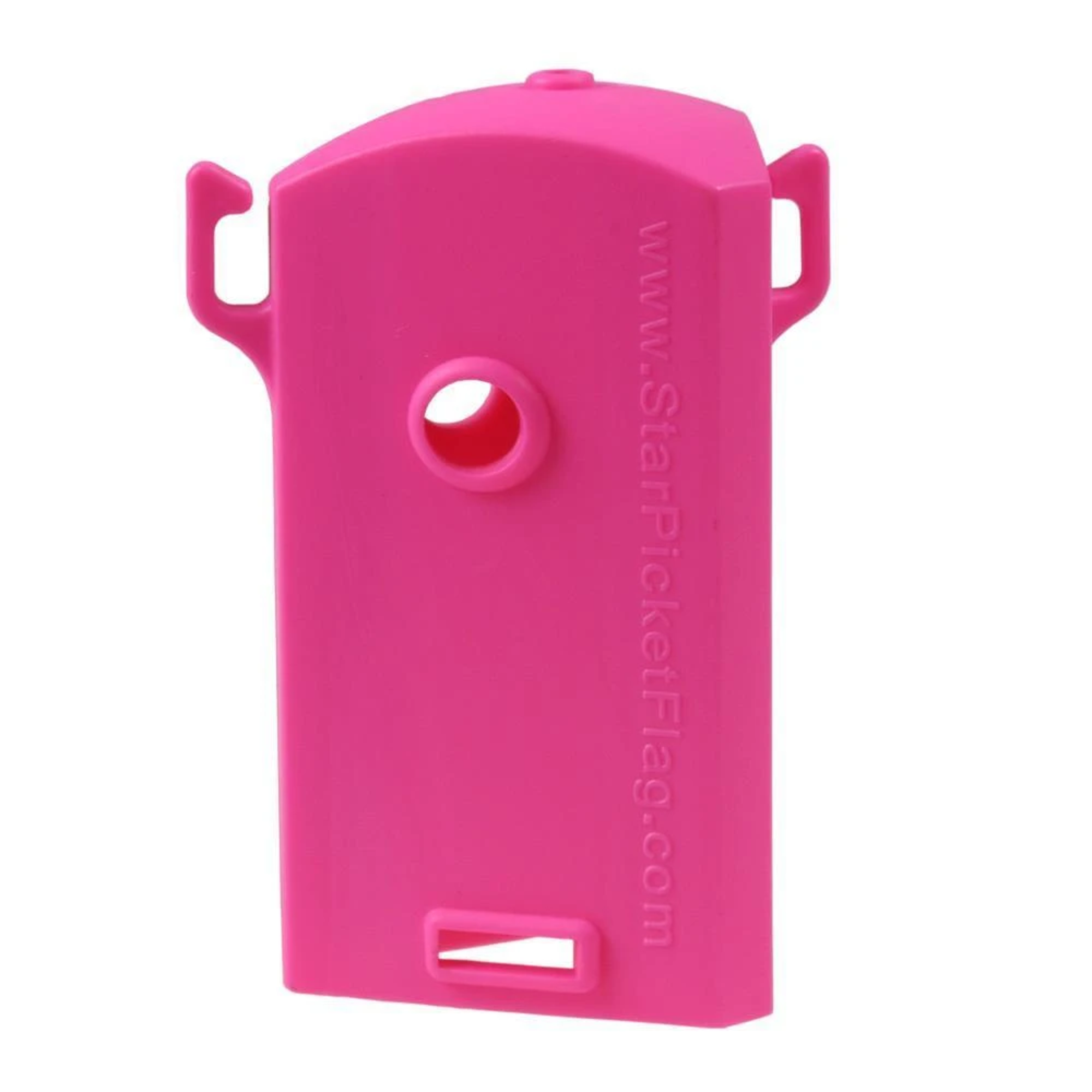 Pink plastic cap with circular hole on a white background