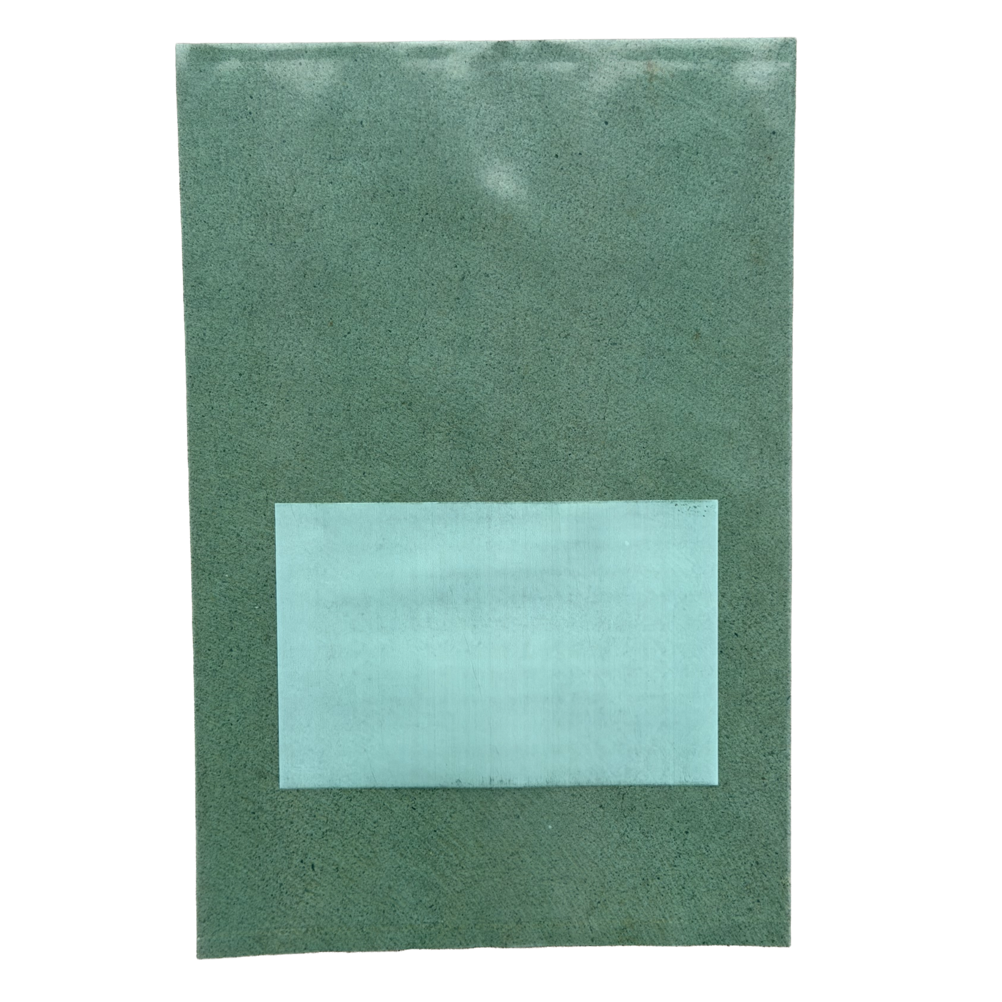Green bag with a smaller white rectangular window on a white background