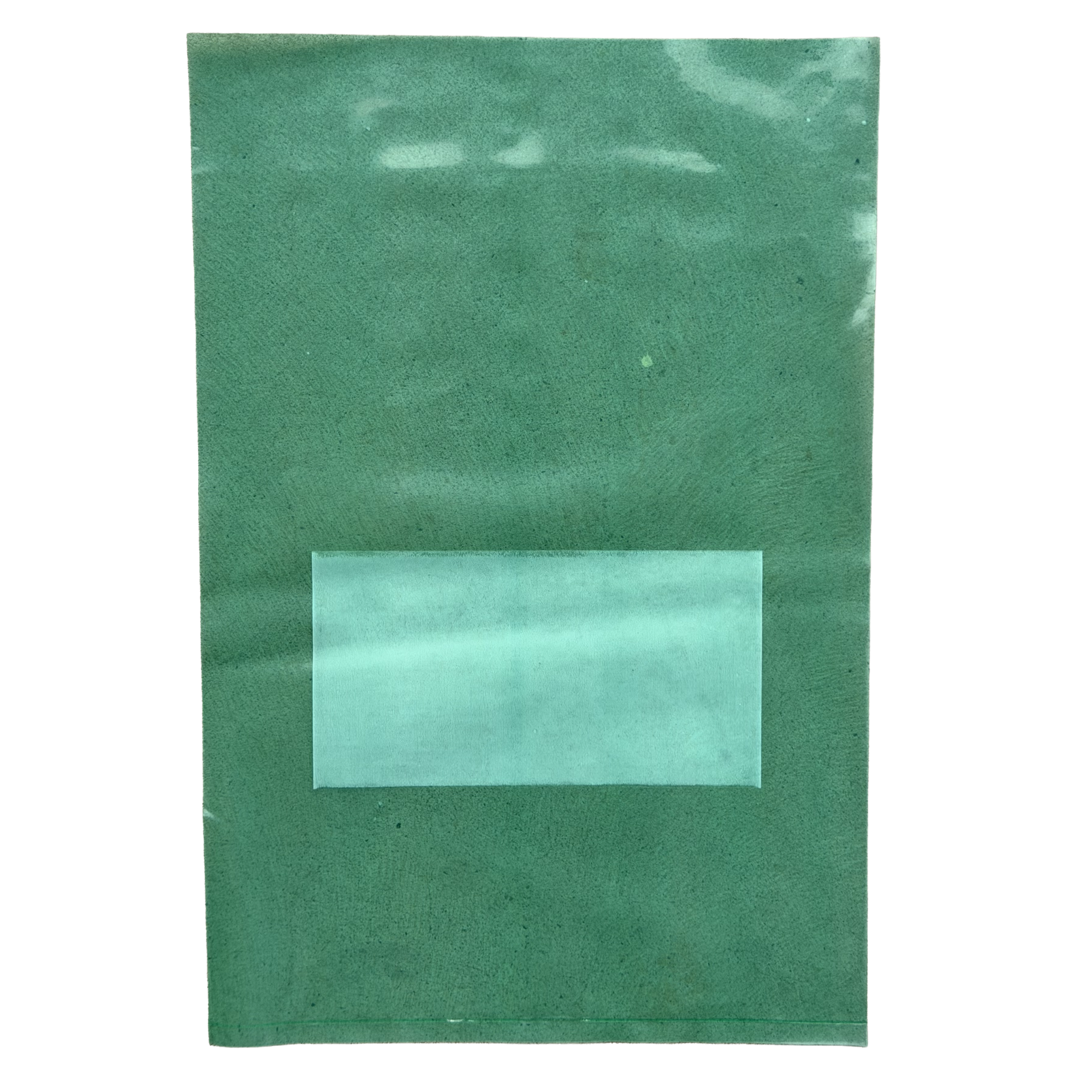 Green bag with a clear white window on a white background