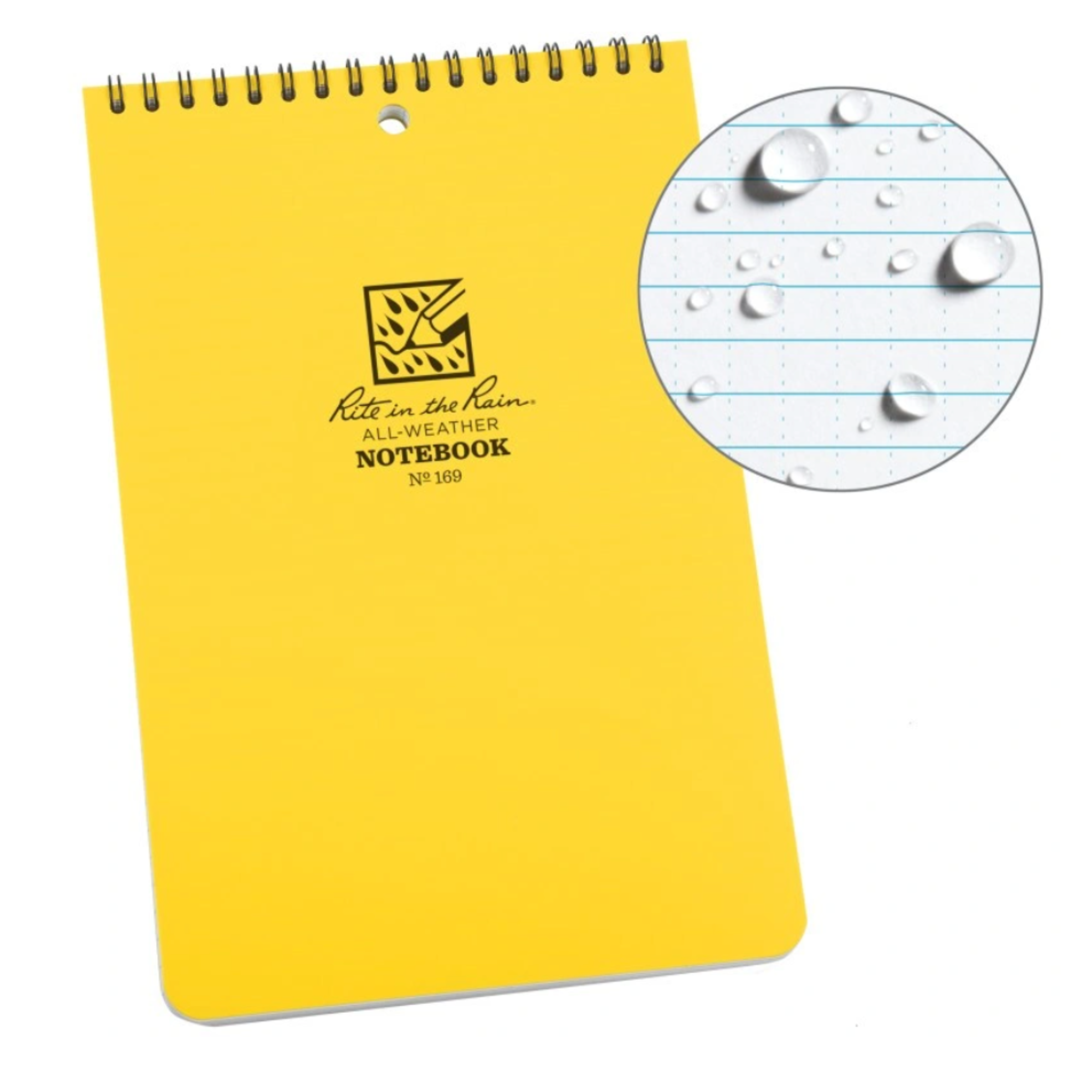 Yellow top spiral notebook with water resistant paper on a white background