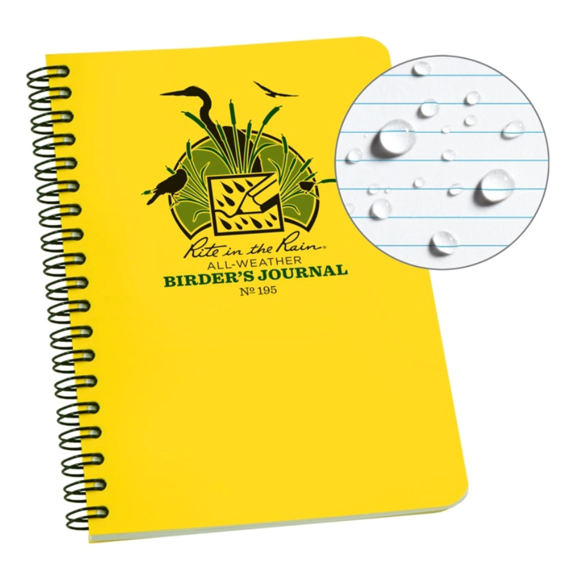 Yellow spiral-bound birder's journal with a black wire binding.