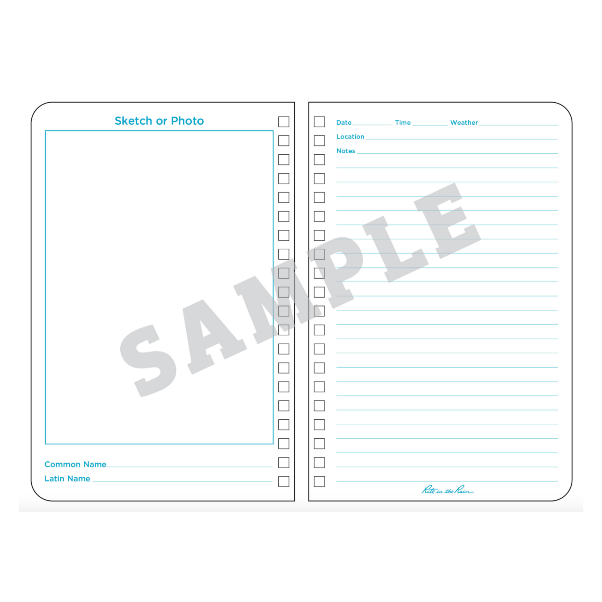 Blank pages for sketching or taking photos, with checkboxes and text fields.