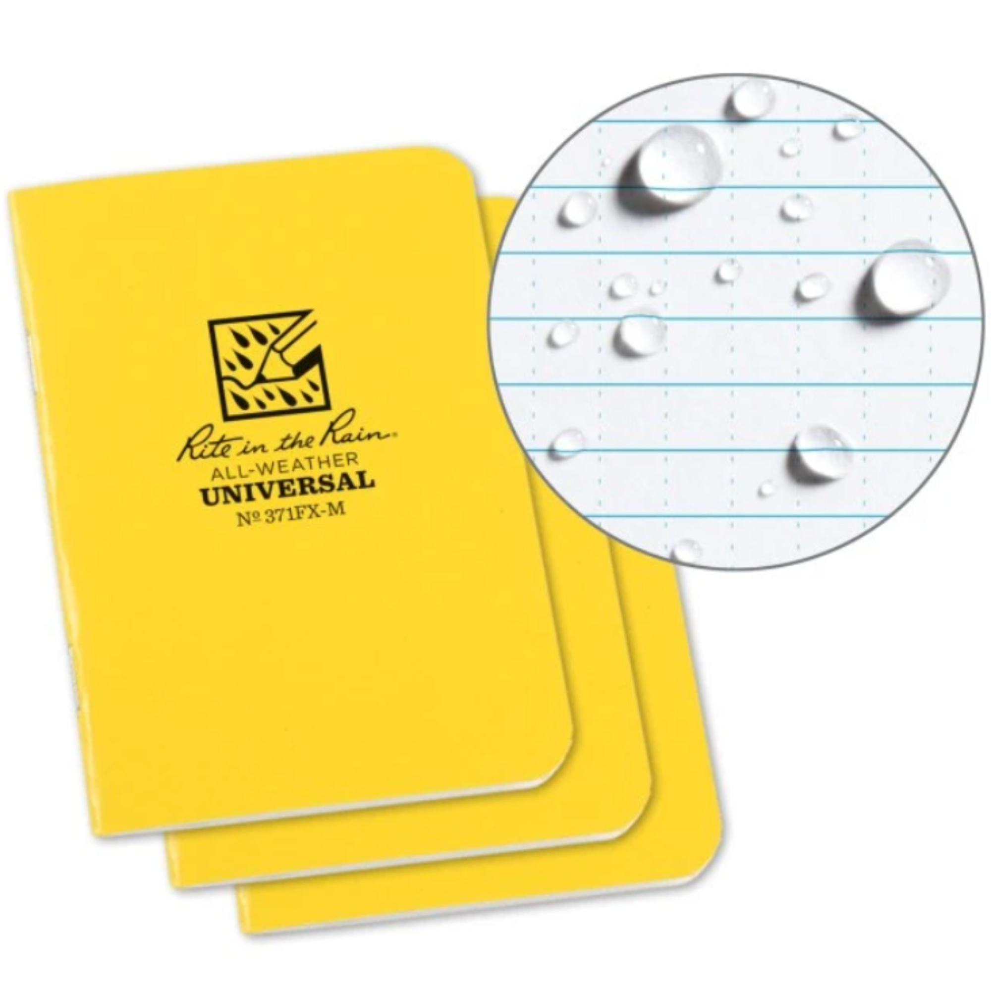 Yellow notebooks with a close-up of lined paper showing water resistance.