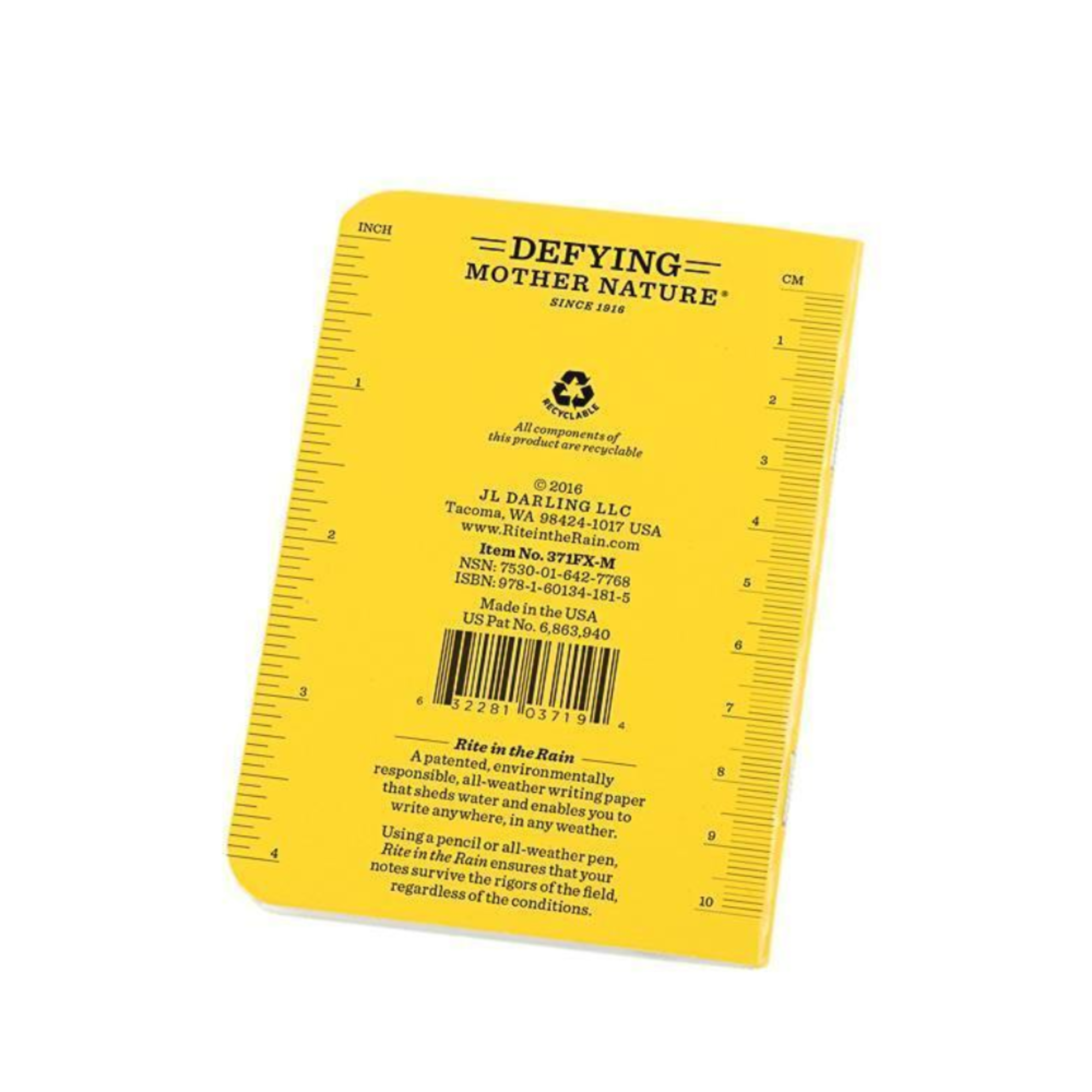 A yellow notebook shown featuring printed measurement rulers in inches and centimeters.