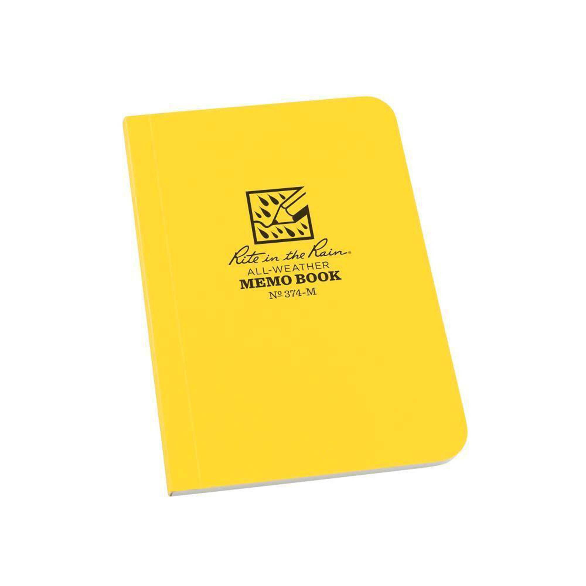 A yellow memo book with rounded corners, featuring the black printed 'Rite in the Rain' logo