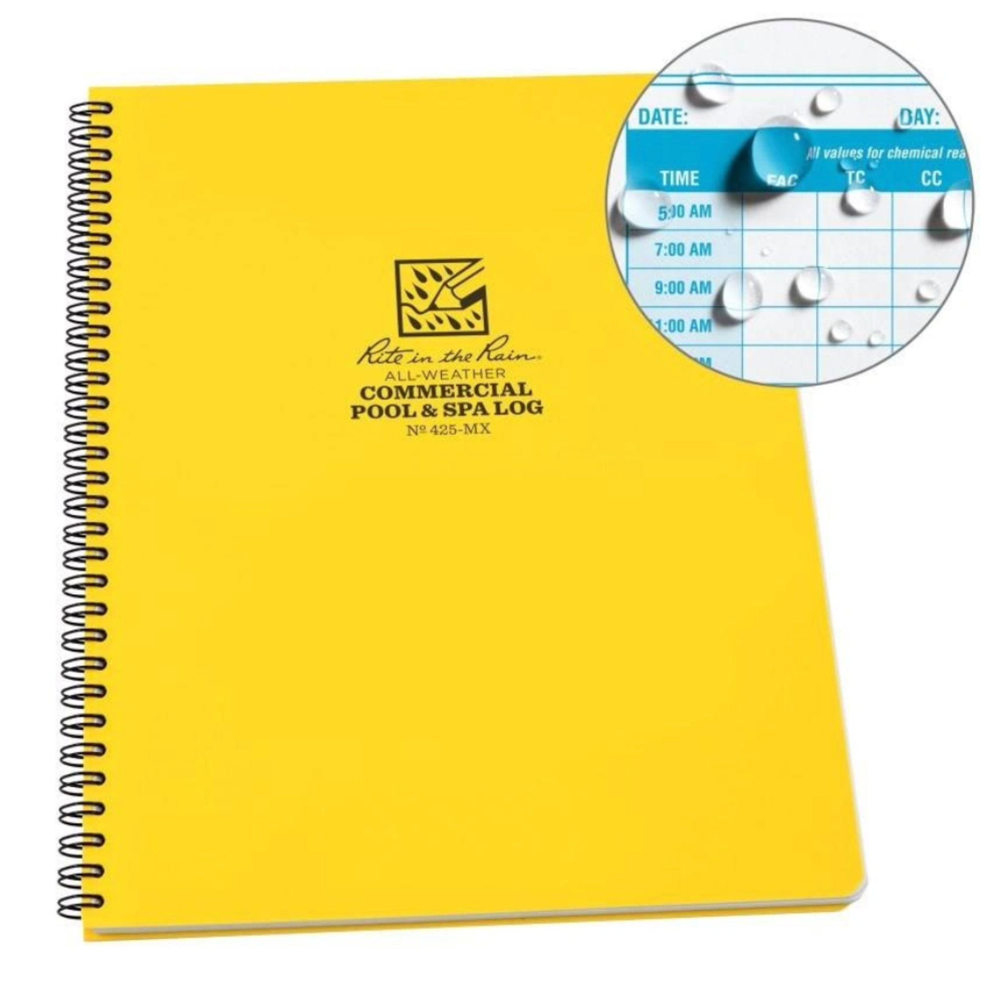 Yellow spiral-bound commercial pool and spa log notebook