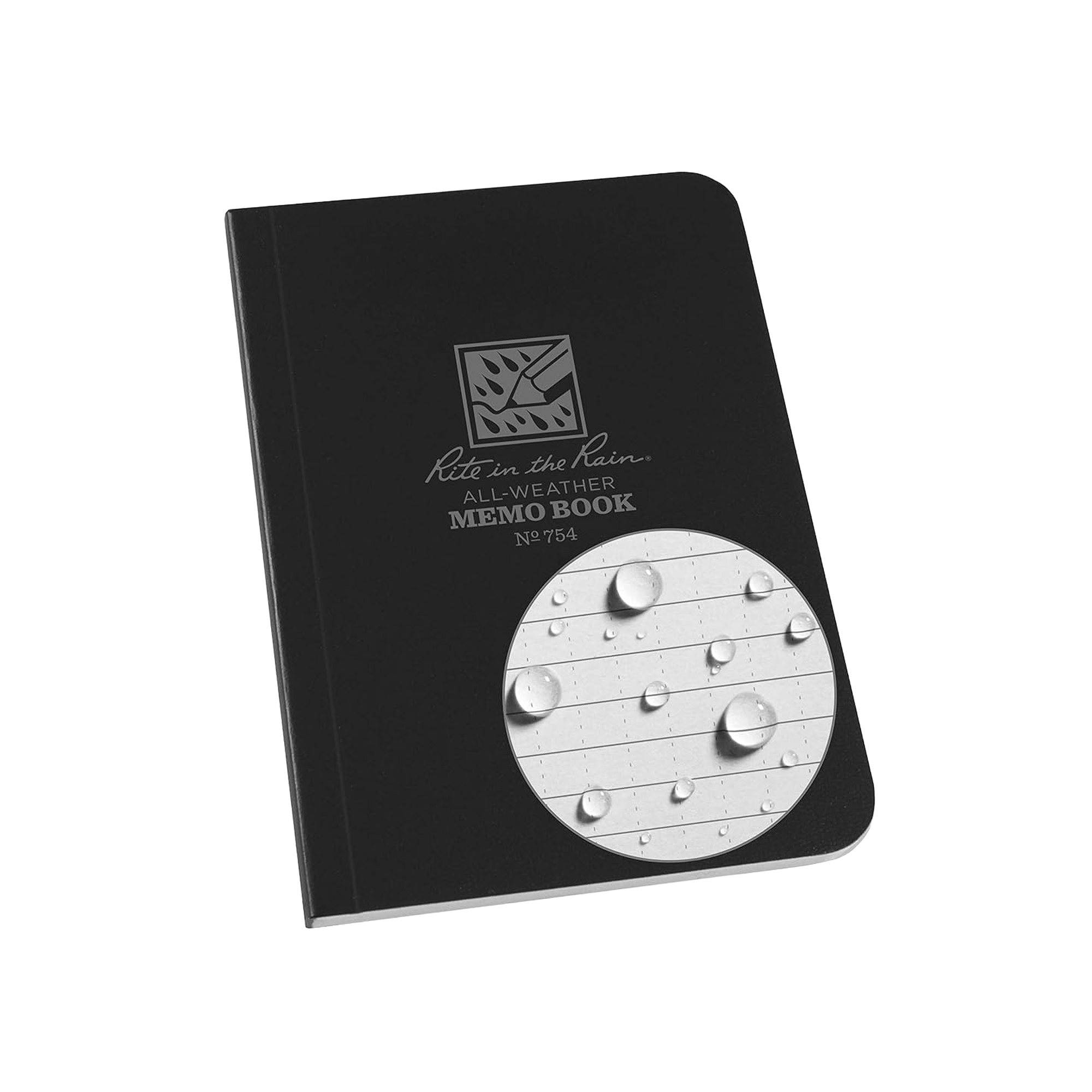 A black waterproof memo book with a circular window showing water droplets, branded 'Rite in the Rain'.