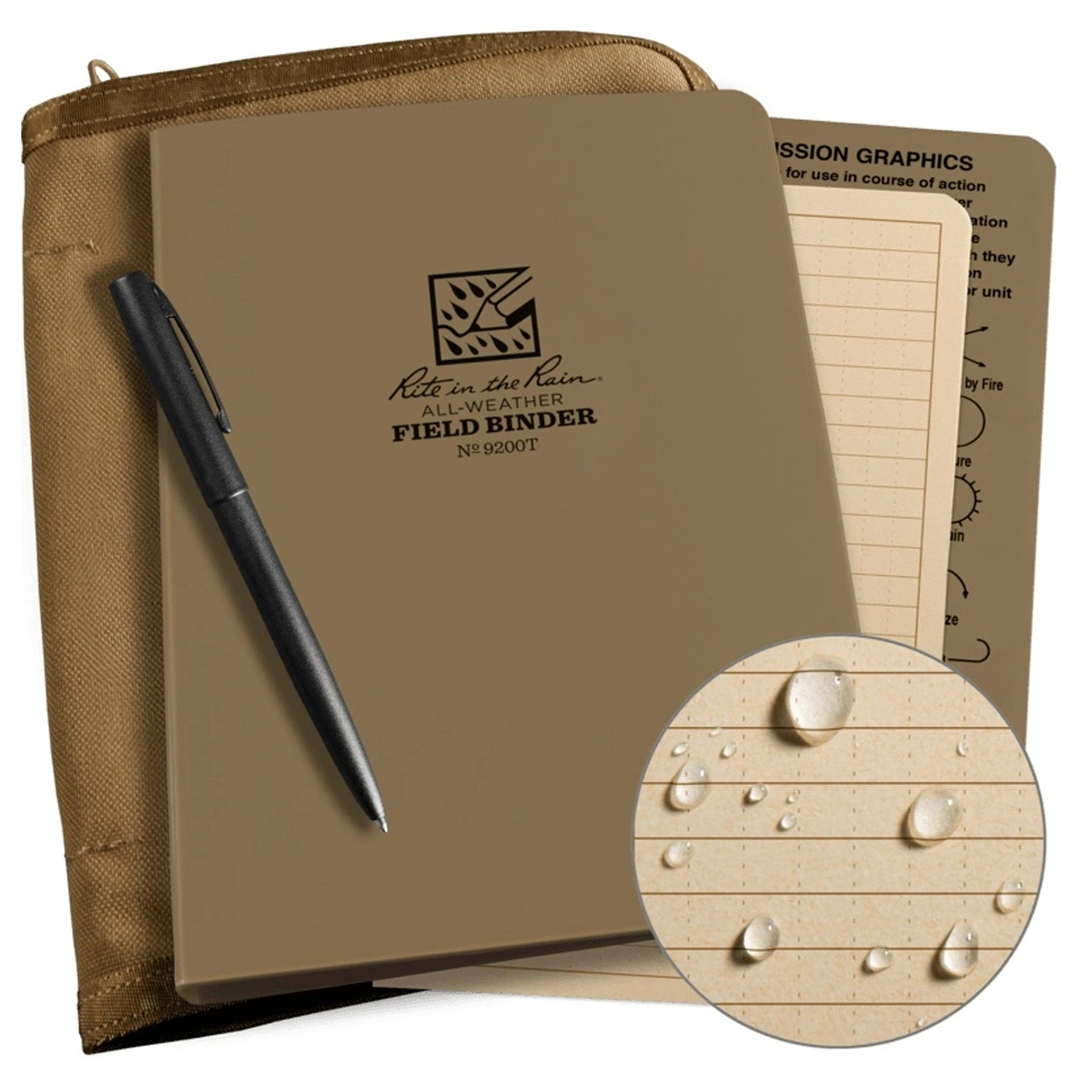 A tan waterproof field binder notebook set with a  zippered pouch, a black pen, lined and reference inserts.