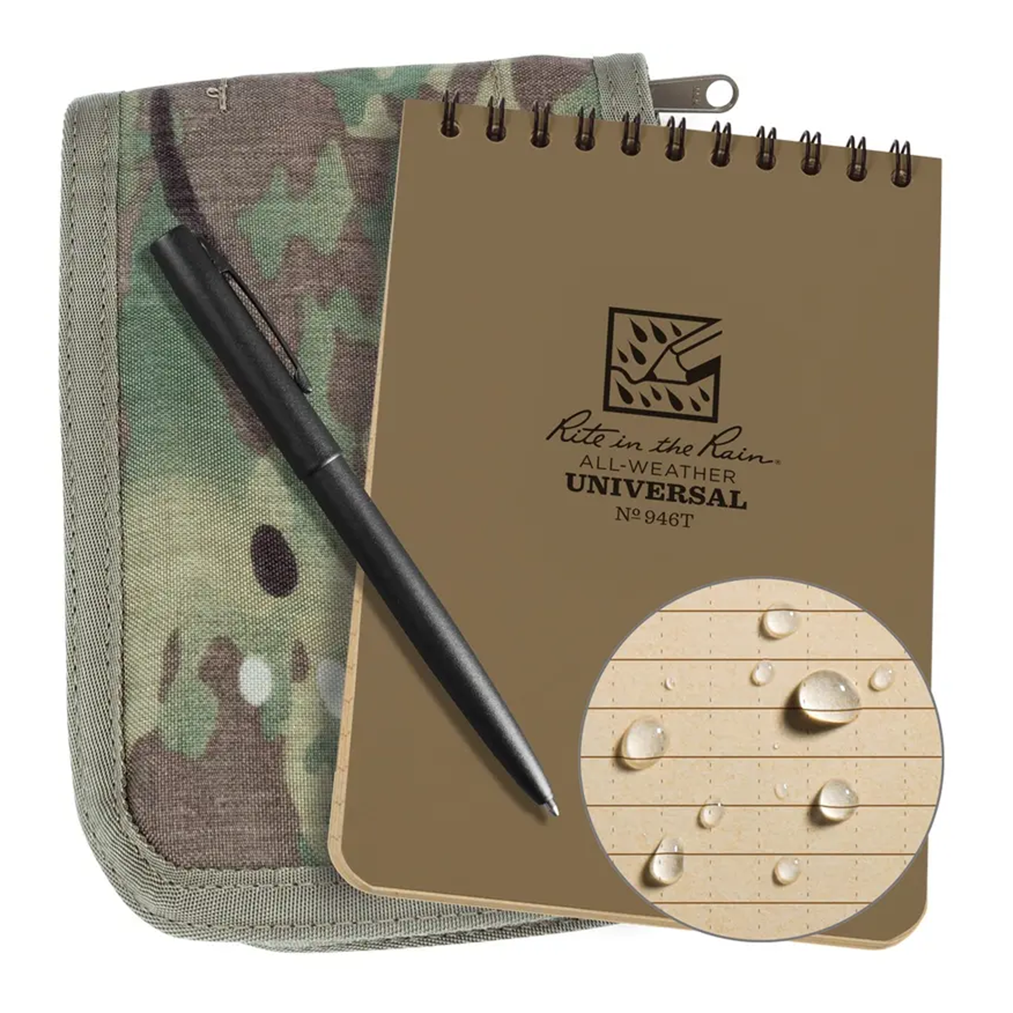 A waterproof spiral-bound notebook with a tan cover, shown with a black pen and a camouflage zippered case on a white background.
