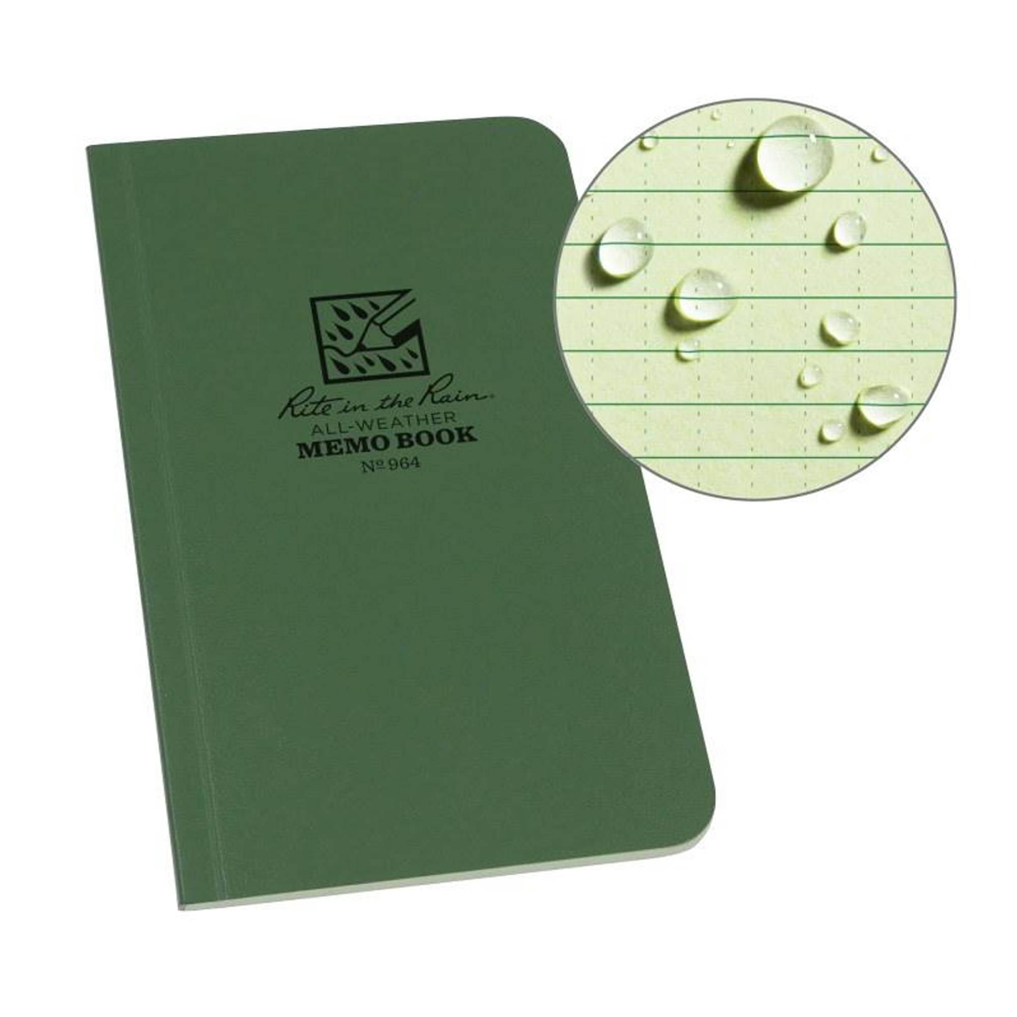 A dark green memo notebook with a circular inset showing lined paper and water droplets.