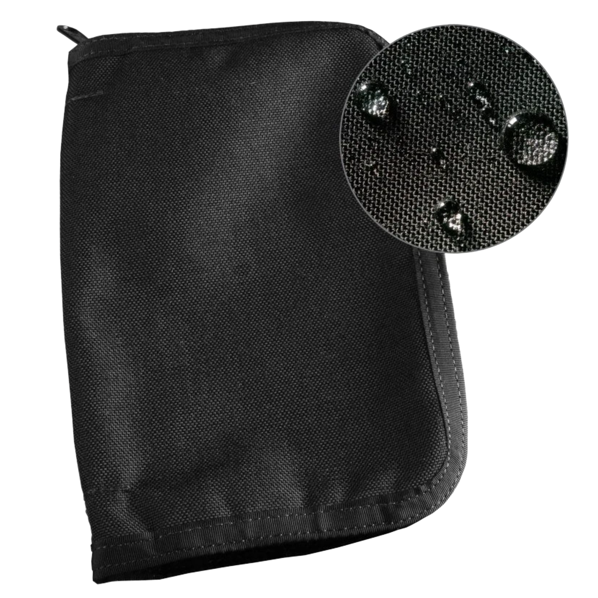 Black fabric cover with close-up of texture details on a white background