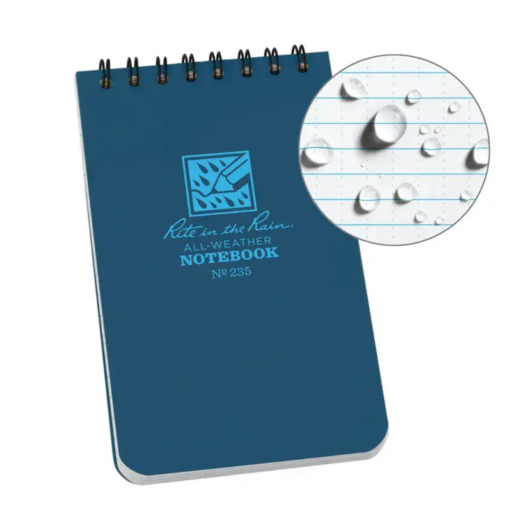 Rite in the Rain Blue notebook with logo and close-up of water-resistant paper.